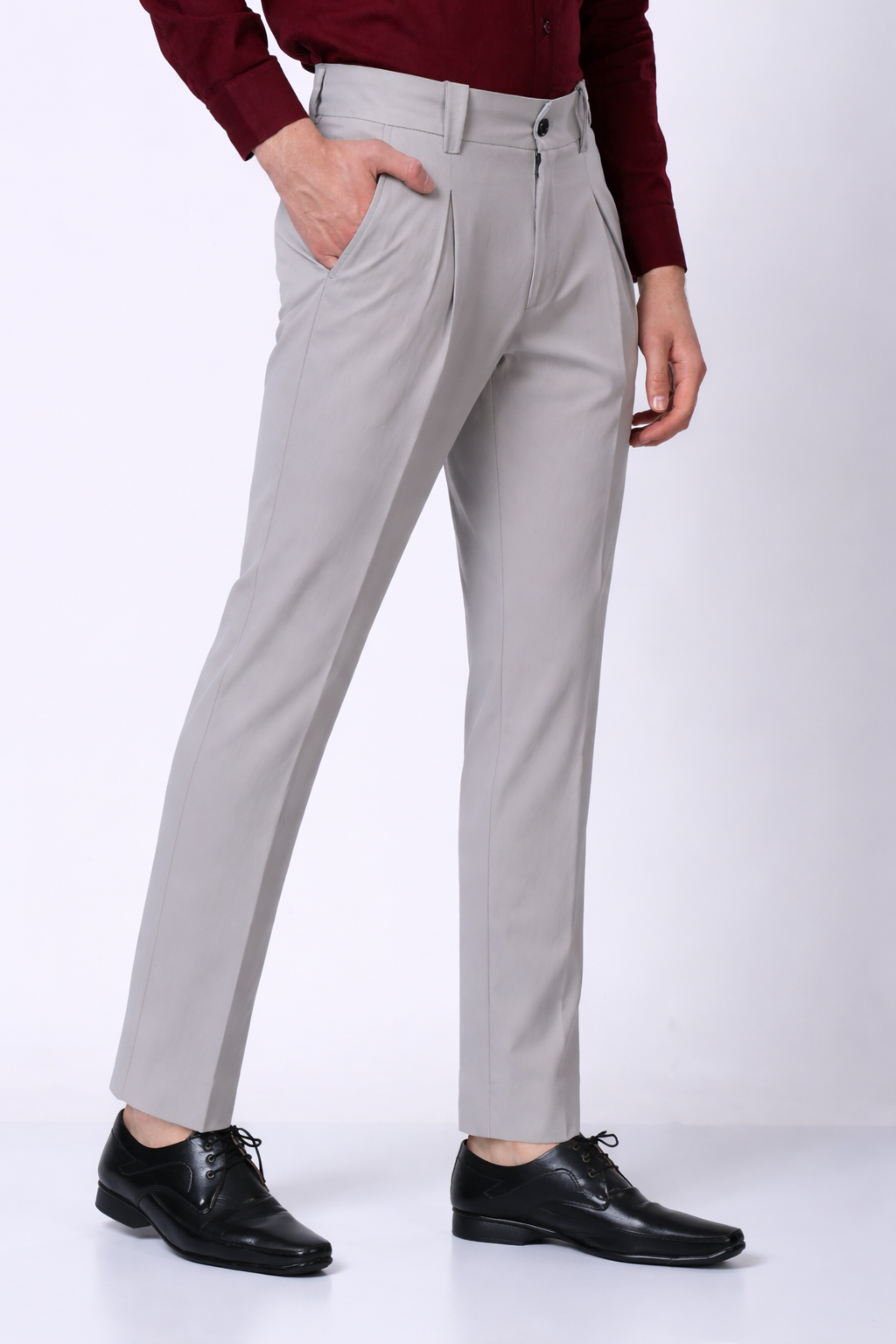 Stylox Men’s Slim Fit Pleated Formal Trousers – Premium Office Wear Pants with Side Pockets-Light Grey - Stylox