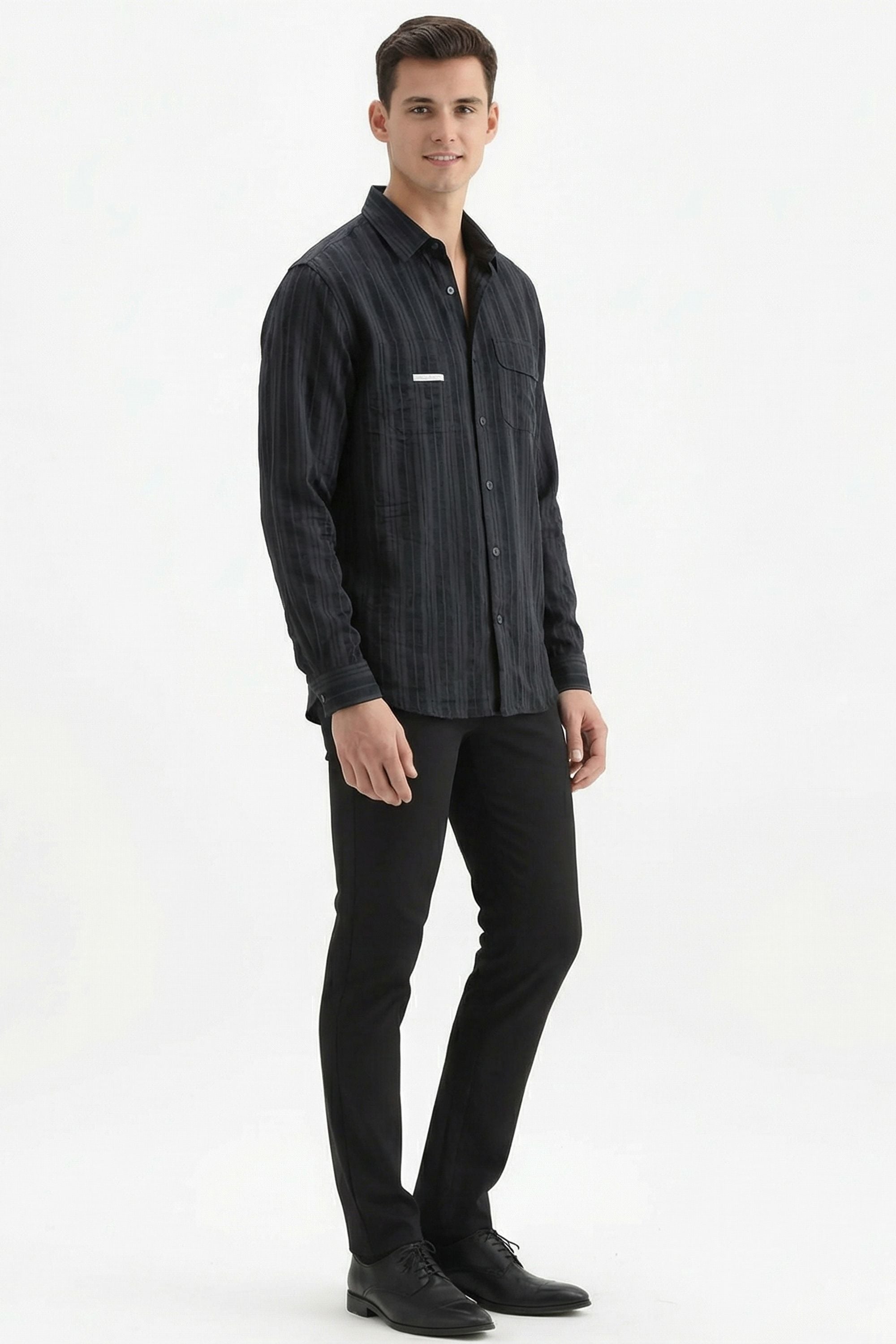Stylox Men’s Regular-Fit Shacket Shirt – Self-Striped Full Sleeve Button-Down Overshirt with Chest Pockets (Black)