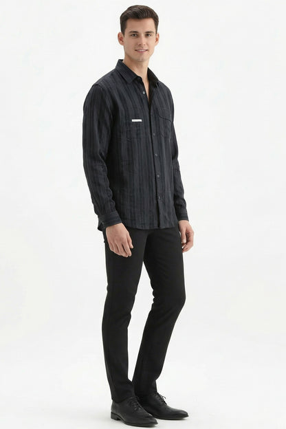 Stylox Men’s Regular-Fit Shacket Shirt – Self-Striped Full Sleeve Button-Down Overshirt with Chest Pockets