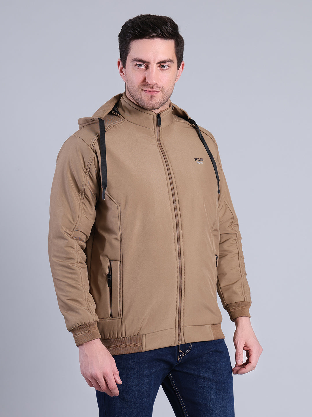 Stylox Men’s Solid Hooded Winter Jacket | Full Sleeve Zip-Up Casual Jacket with Pockets