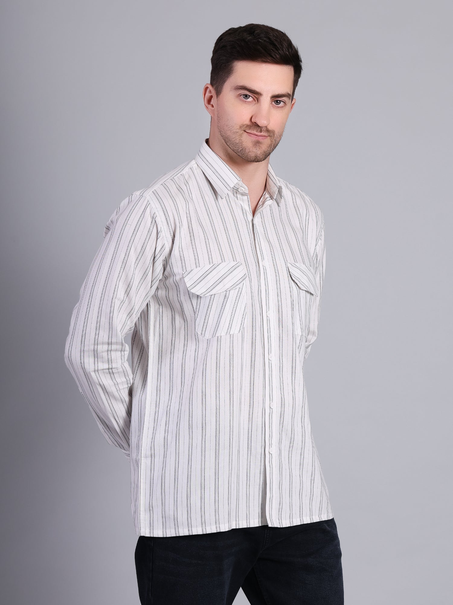 Stylox Men’s Regular Fit White Vertical Striped Full Sleeve Casual Shirt - Stylox