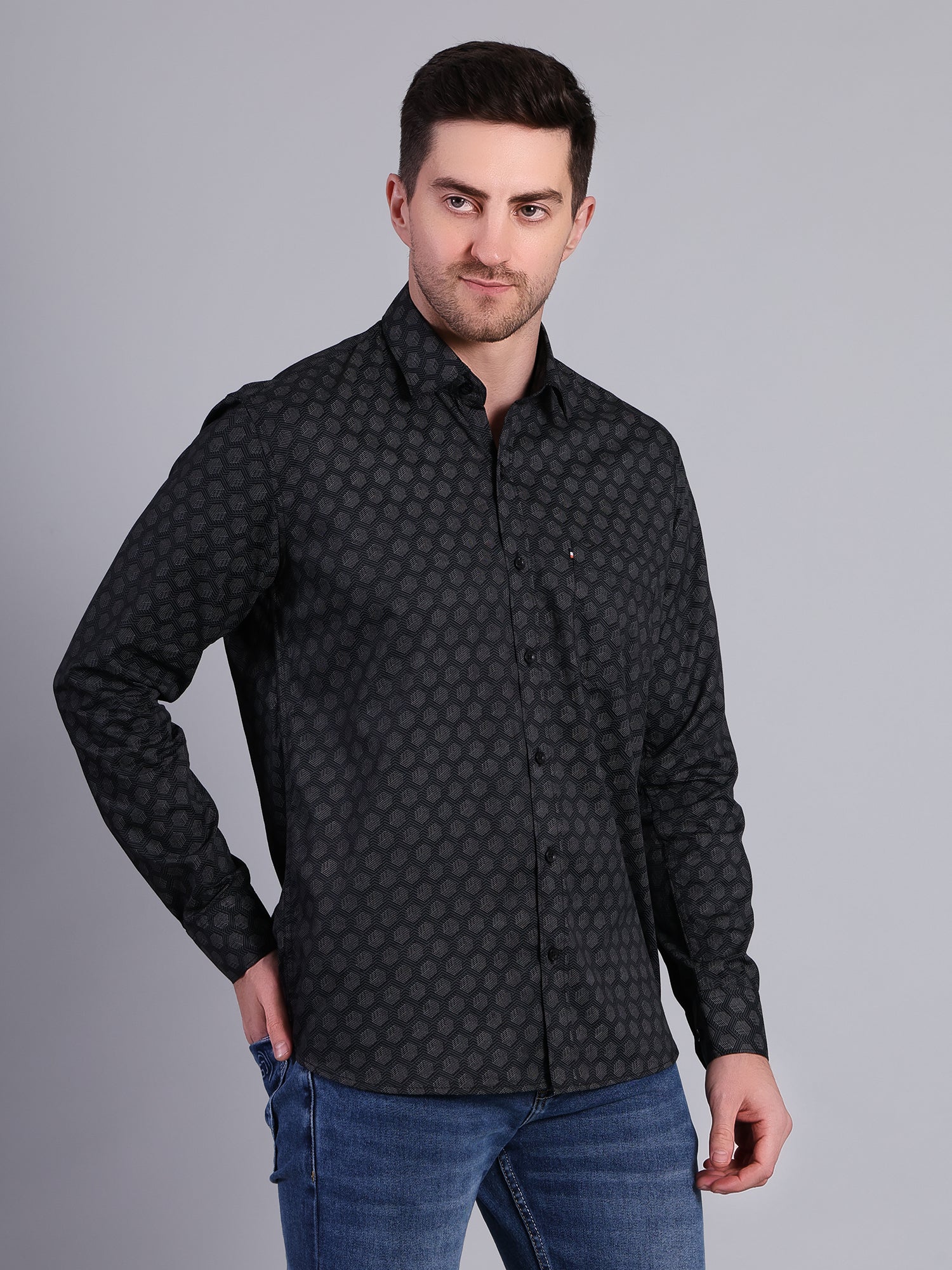 Stylox Men’s Printed Casual Shirt | Slim Fit Full Sleeve Shirt for Men-Black - Stylox