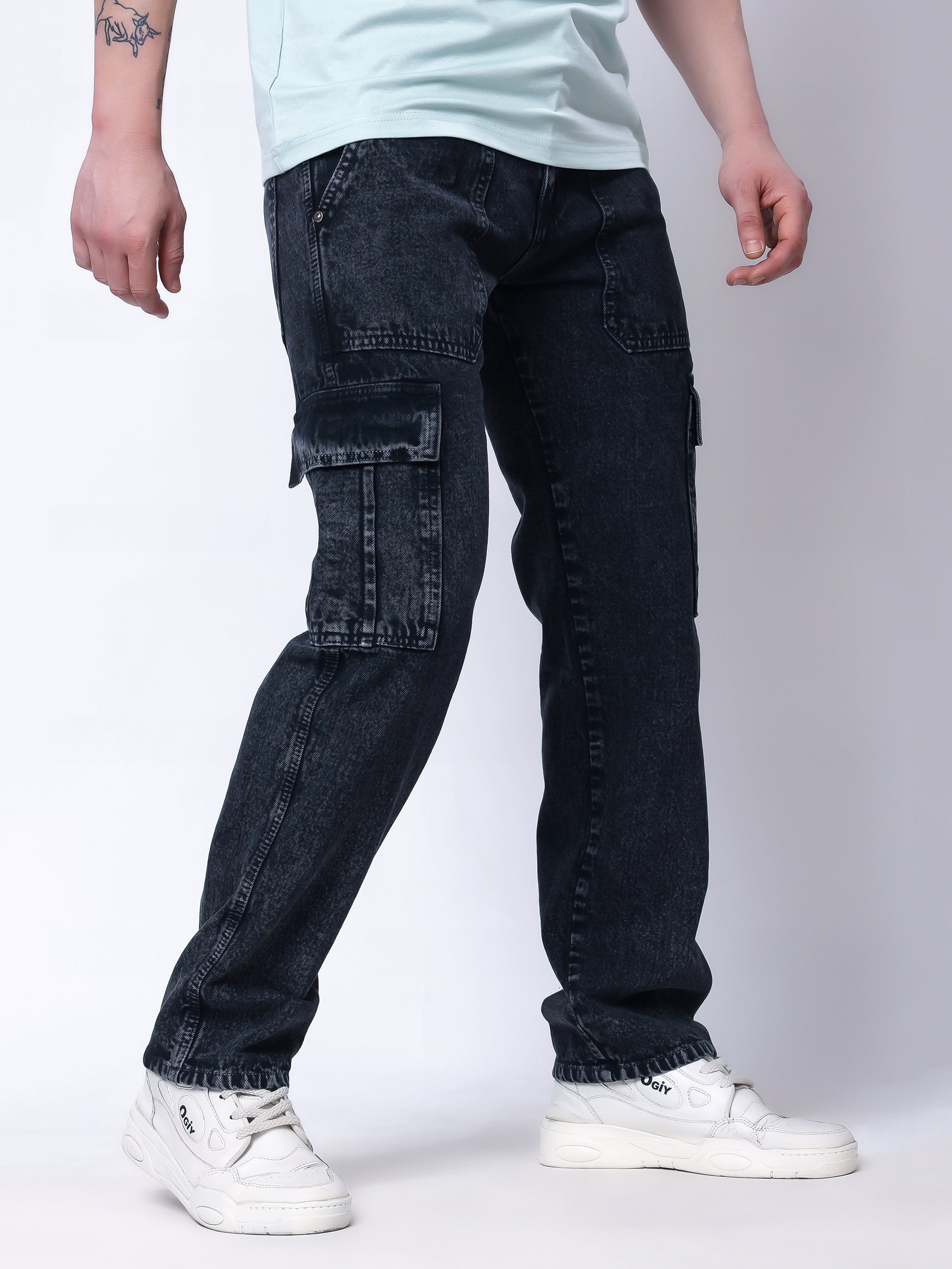 Stylox Men’s Comfort Fit Non-Stretch Cargo Jeans with Multi Pockets-Dark Grey