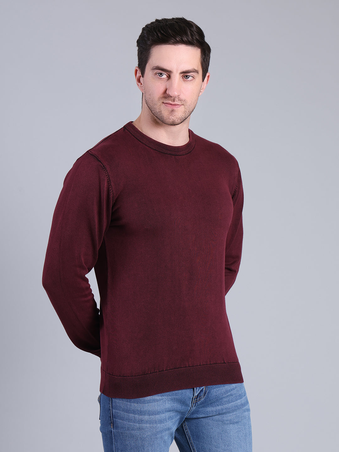 Stylox Men’s Full Sleeve Round Neck Sweater | Solid Slim Fit Knitted Winter Pullover (Wine) - Stylox
