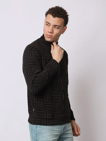 Stylox Men’s Black Textured Full-Zip Winter Jacket – Warm Fleece-Lined High Neck Sweatshirt for Casual Wear