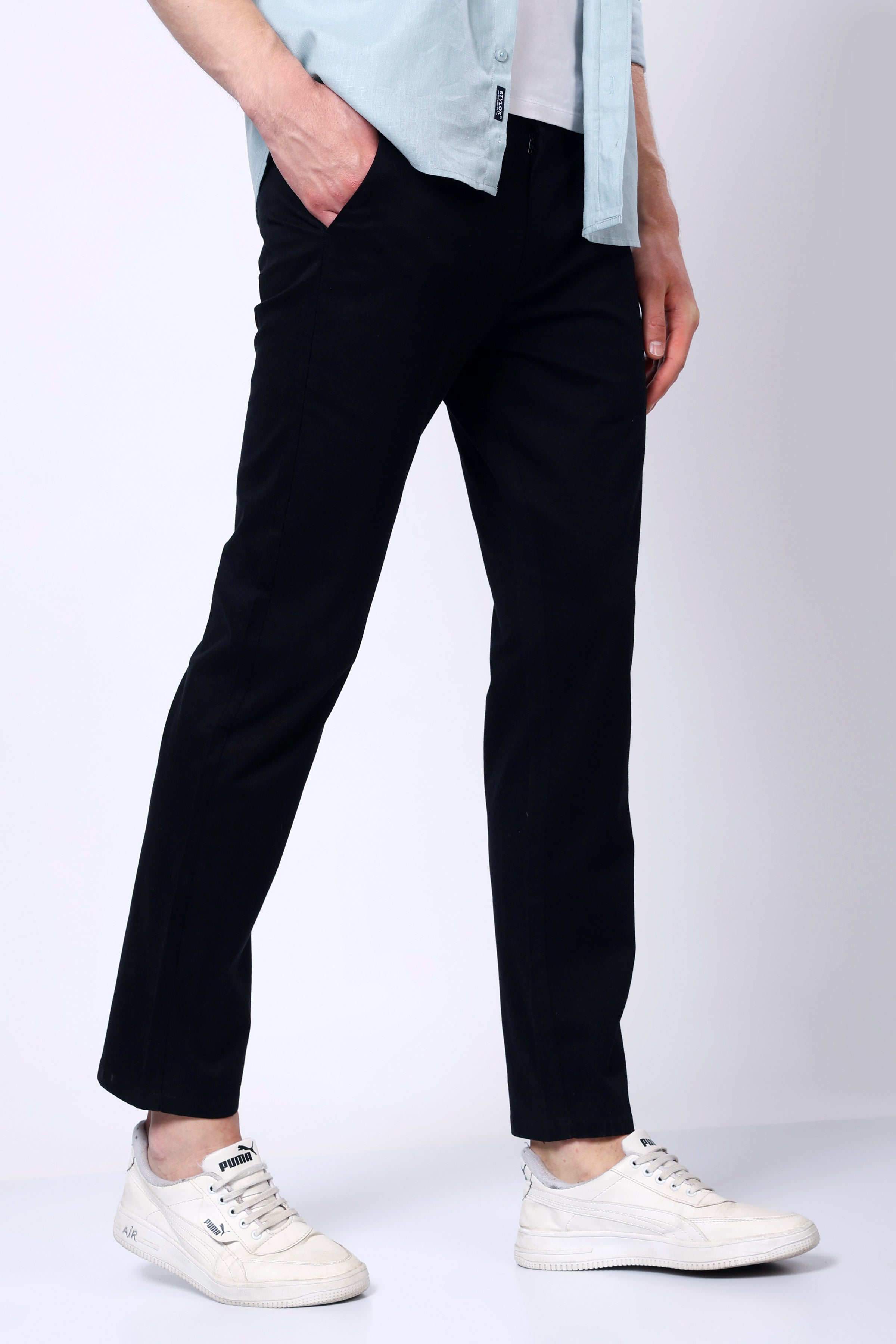 Stylox Men’s Straight Fit Casual Trousers with Comfort-Black - Stylox