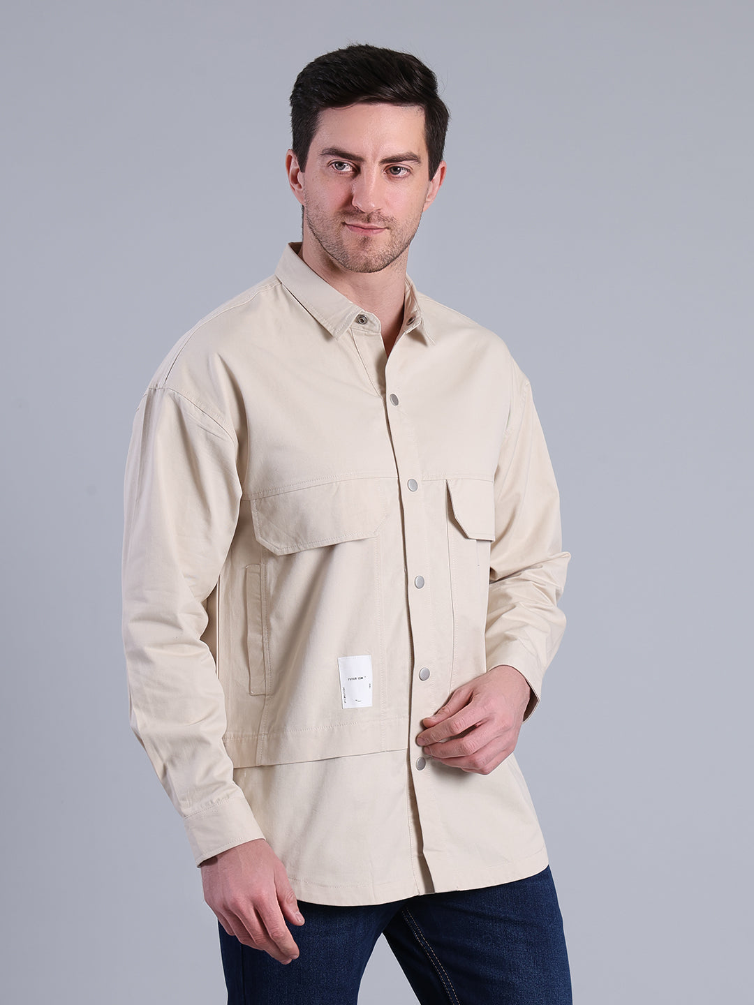 Stylox Men’s Solid Winter Shacket with Snap Buttons & Utility Pockets (Beige) - Stylox