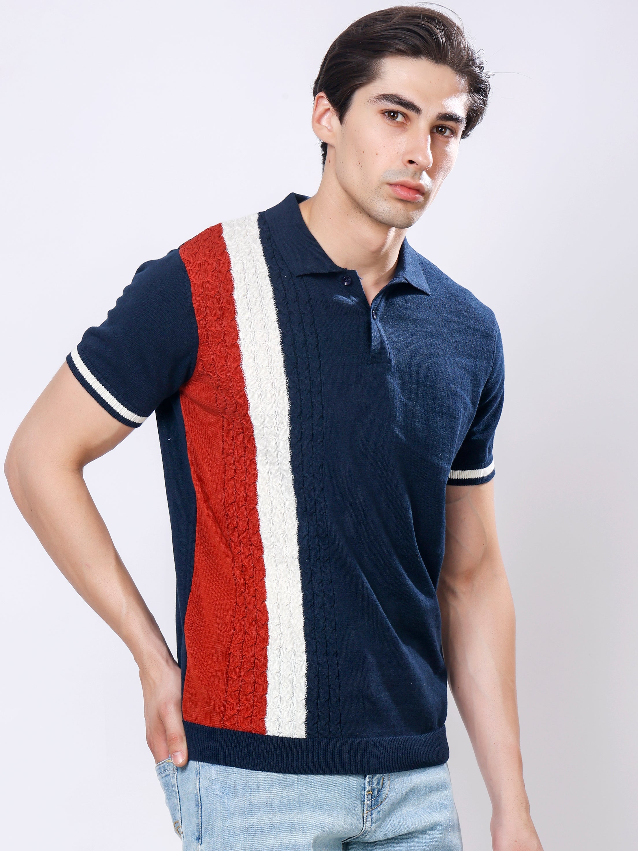 Stylox Men's Regular Fit Half Sleeve Navy Knitted Color Block Polo Tee