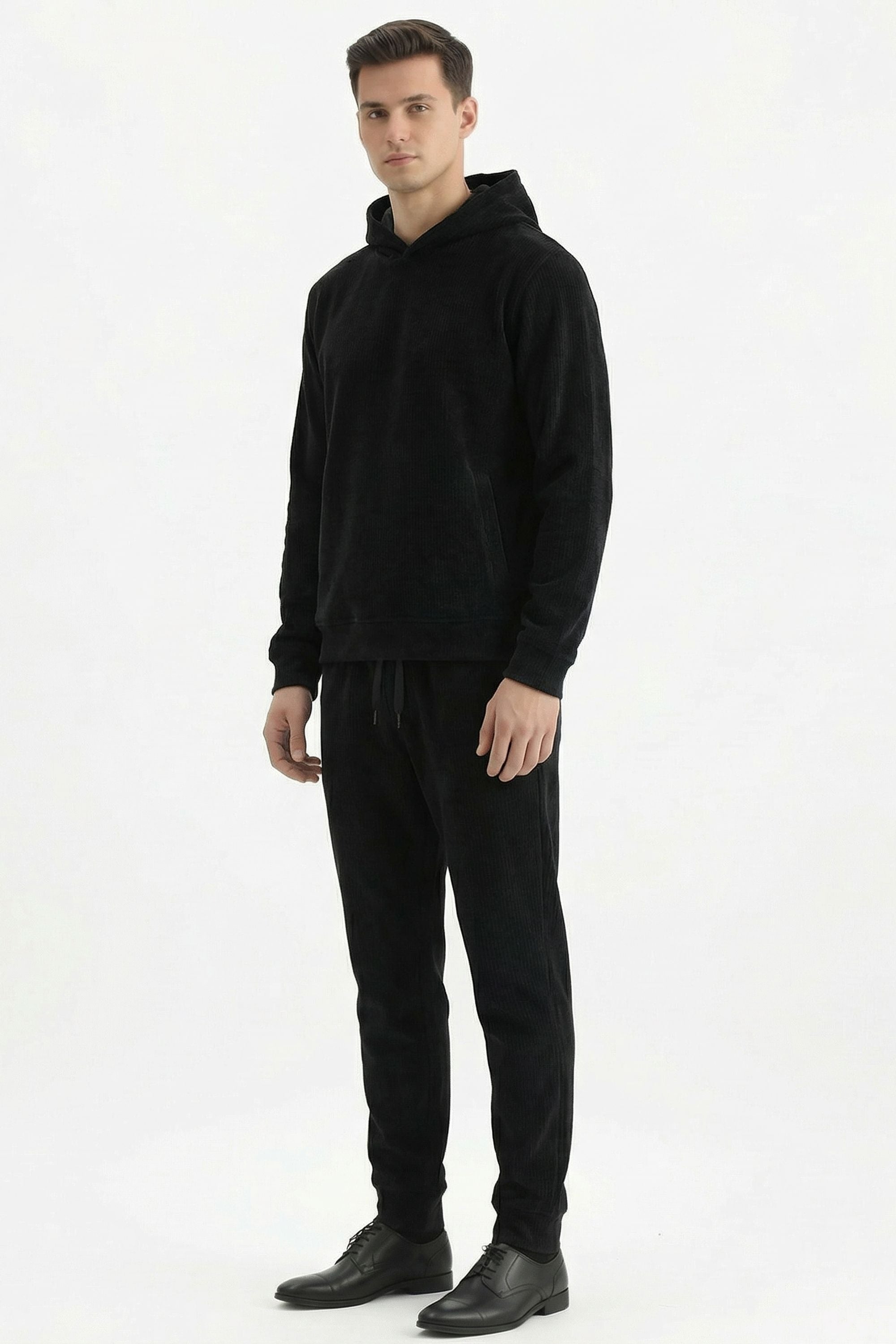 Stylox Men’s Regular Fit Ribbed Tracksuit Set (Hooded Sweatshirt + Jogger Pants) (Black) - Stylox