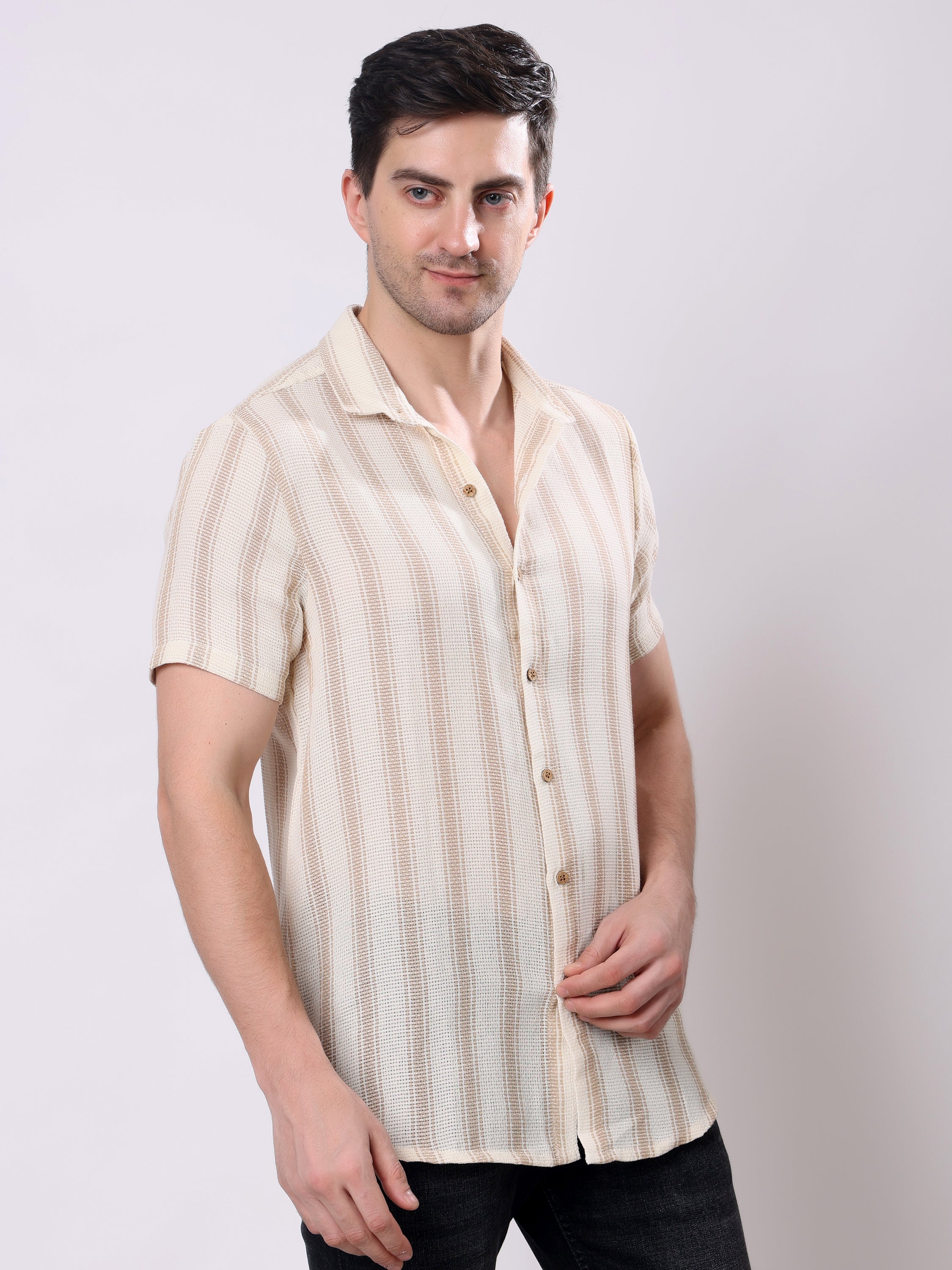 Stylox Men’s Regular Fit Half Sleeve Striped Casual Shirt-Brown - Stylox