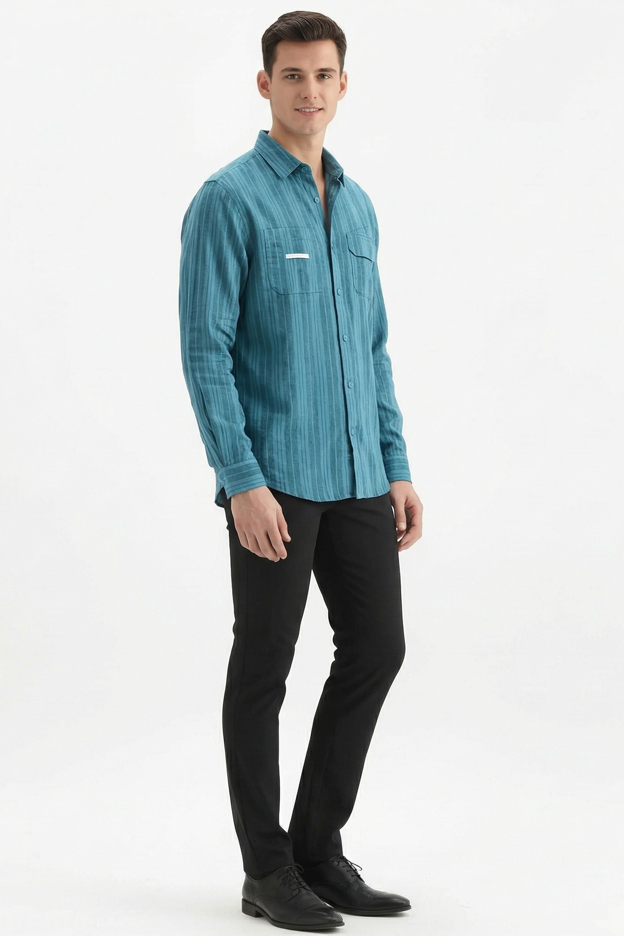 Stylox Men’s Regular-Fit Shacket Shirt – Self-Striped Full Sleeve Button-Down Overshirt with Chest Pockets(Teal Green) - Stylox
