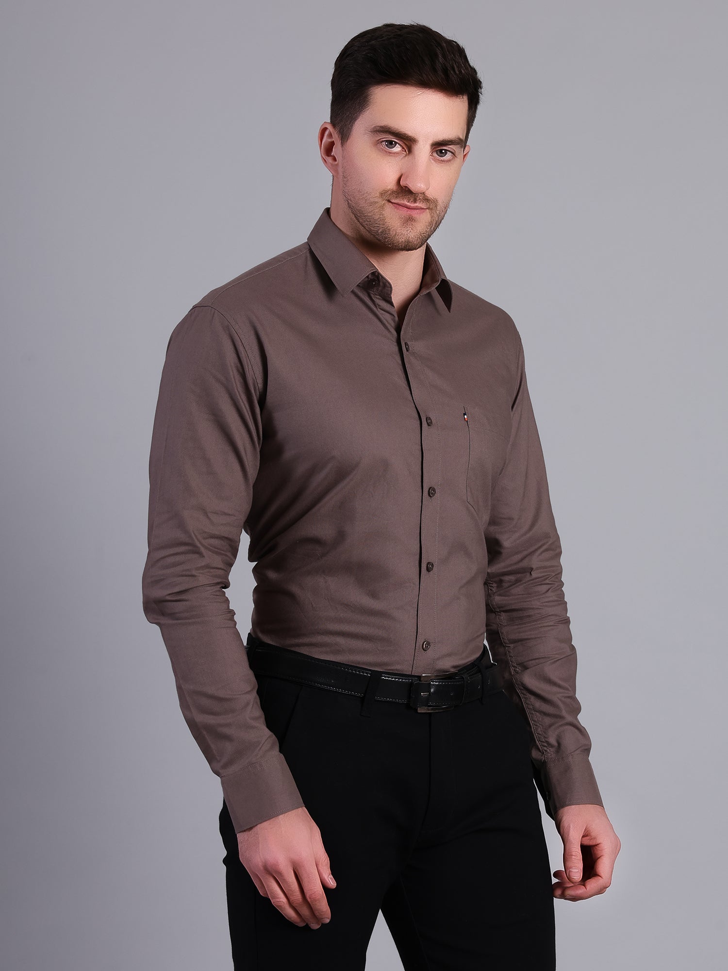 Stylox Men’s Regular Fit Solid Oxford Casual Shirt-Taupe - Stylox