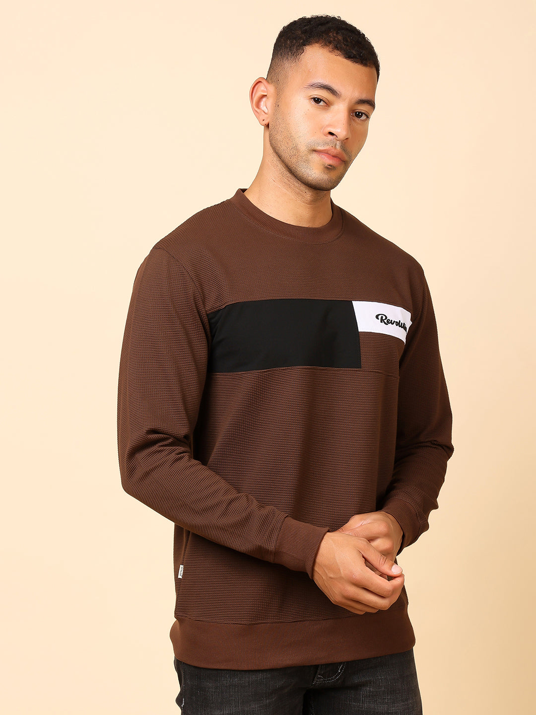 Stylox Men’s Colorblock Crew Neck Sweatshirt with “Revolution” Print