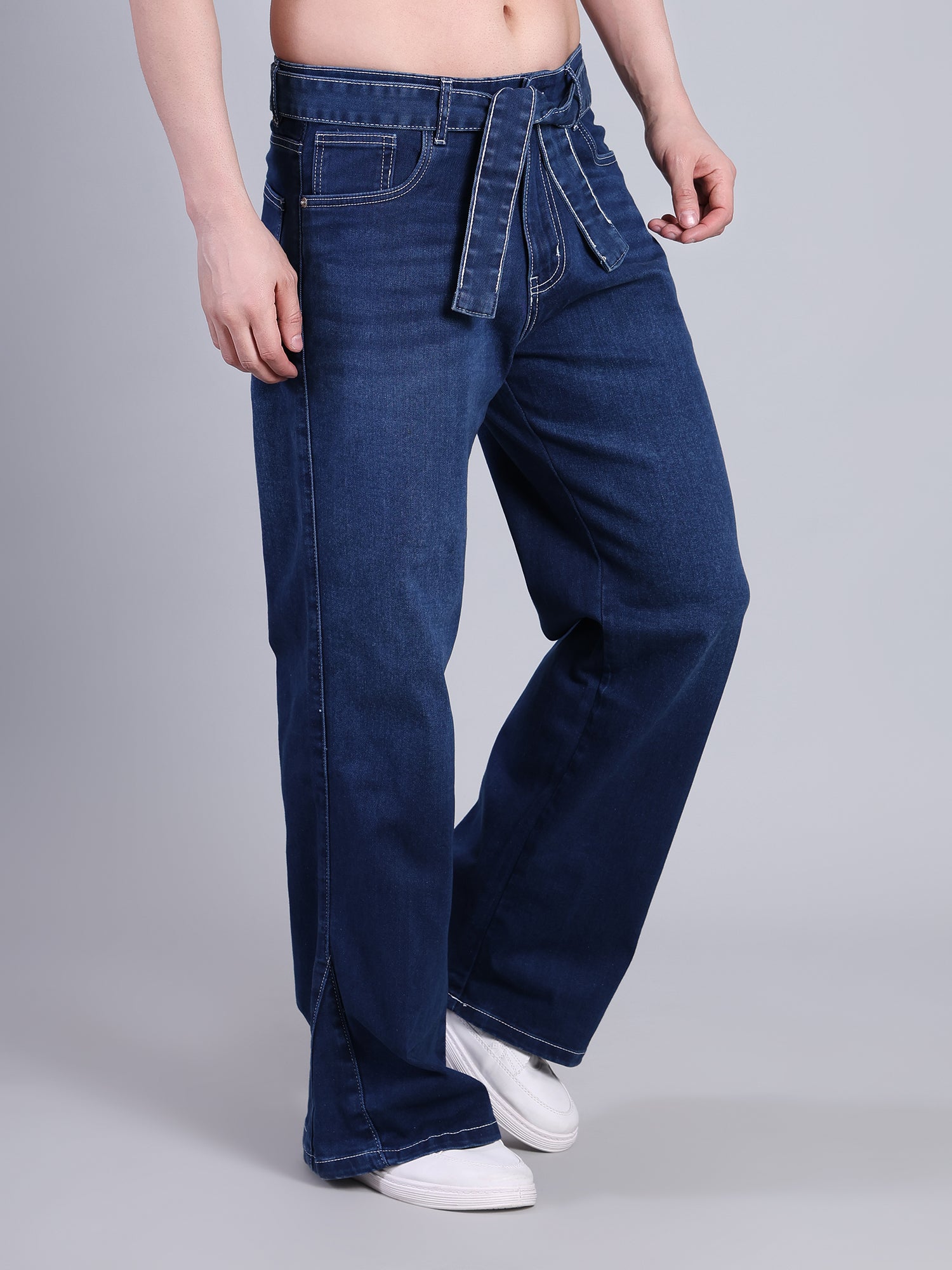 Stylox Men’s Baggy Fit Non-Stretch Rigid Denim Wide Leg Jeans with Tie Belt-Dark Blue - Stylox