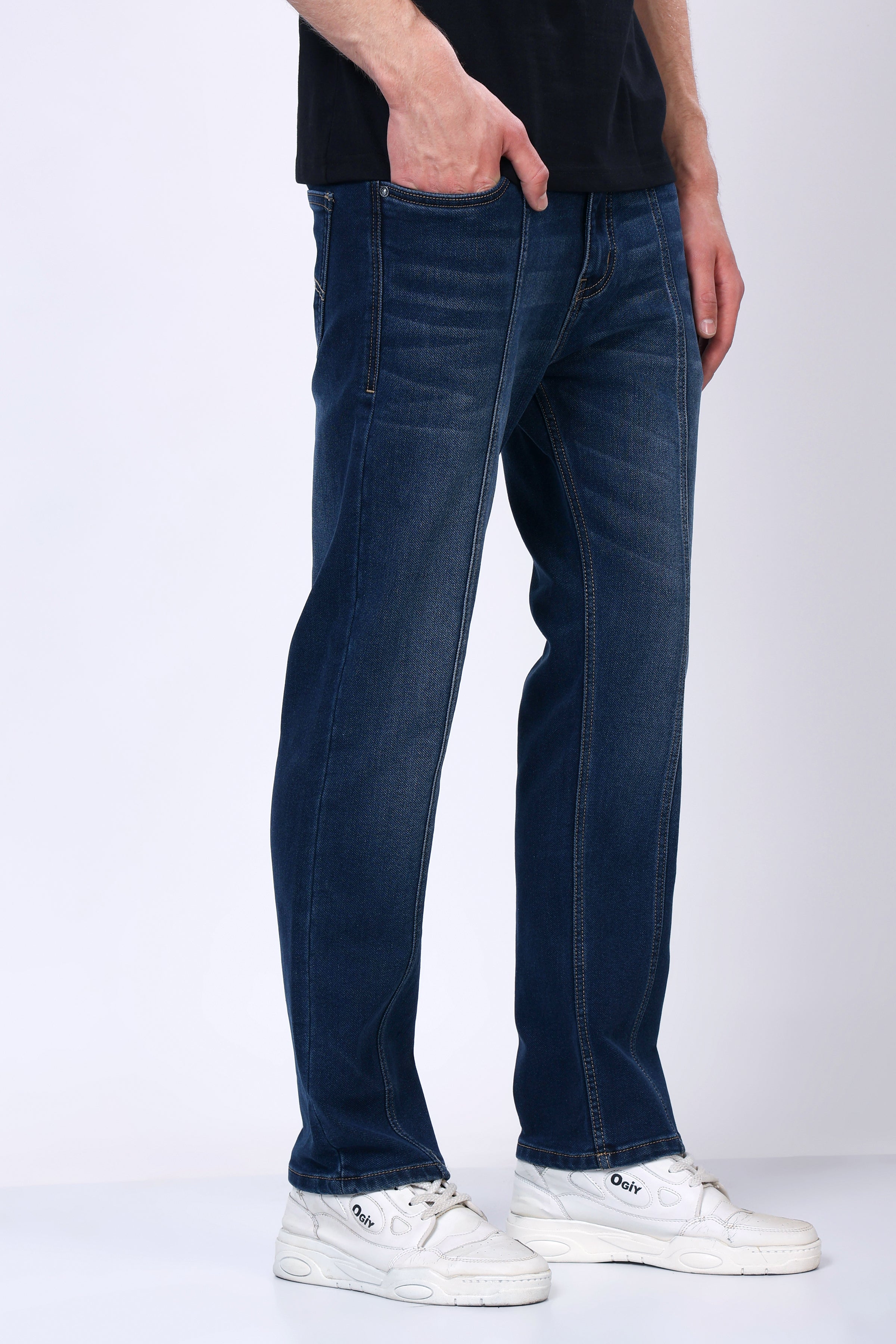Stylox Men’s Mid-Rise Comfort Fit Stretchable Dark Blue Denim Jeans with Panel Stitch Detailing - Stylox