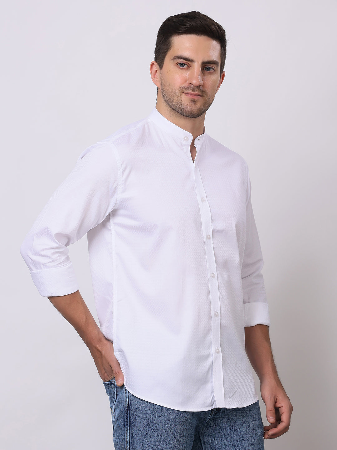 Stylox Men’s White Mandarin Collar Full Sleeve Casual Shirt - Stylox