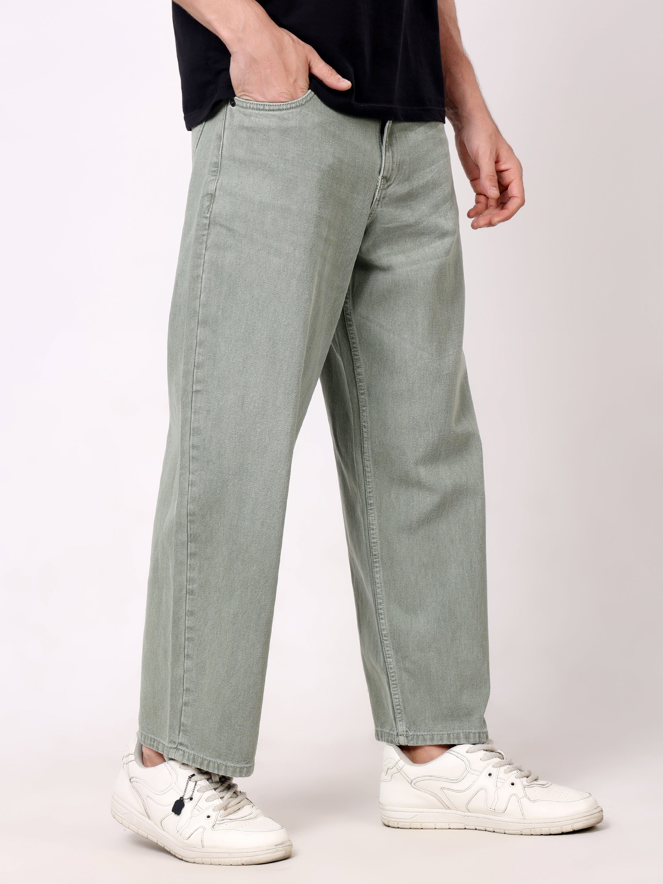 Stylox Men's Light Olive Super Baggy Fit Non-Stretchable Denim Jeans