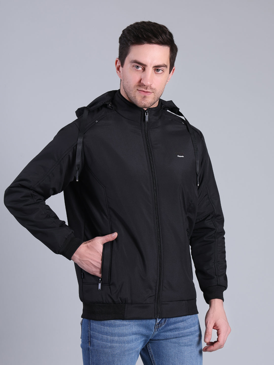 Stylox Men’s Solid Hooded Winter Jacket | Full Sleeve Zip-Up Casual Jacket with Pockets - Stylox