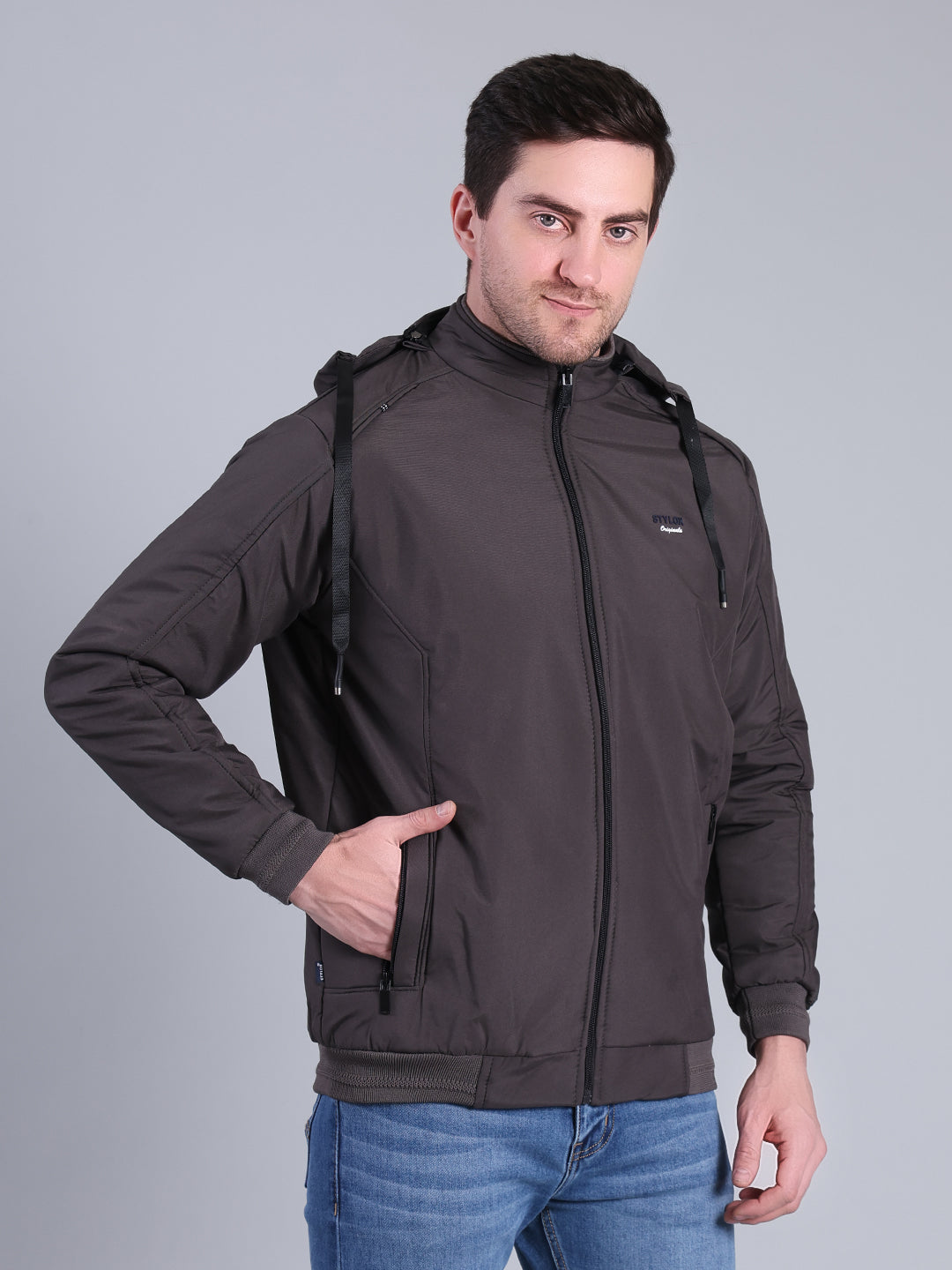 Stylox Men’s Solid Hooded Winter Jacket | Full Sleeve Zip-Up Casual Jacket with Pockets