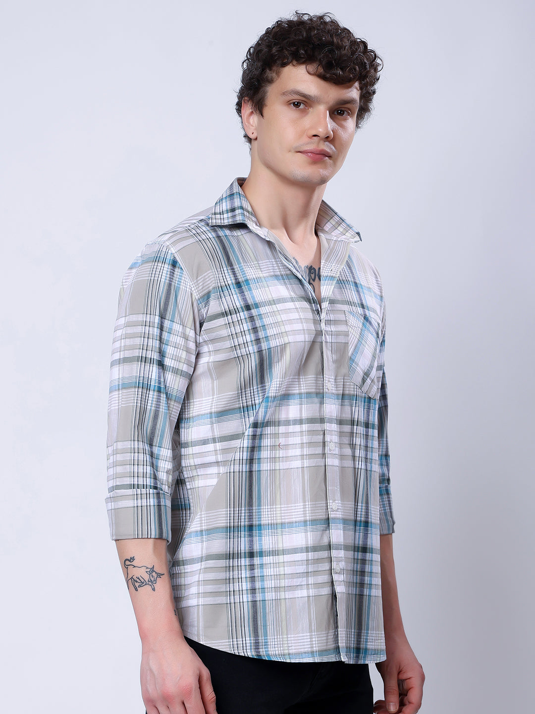 Stylox Men’s Regular Fit Full Sleeve Casual Check Shirt–Grey & Blue - Stylox
