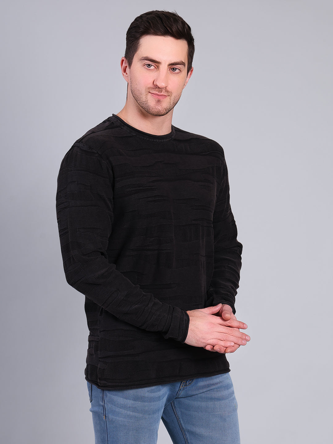 Stylox Men’s Textured Winter Sweater | Full Sleeve Crew Neck Knit Pullover | Premium Casual Wear (Black) - Stylox