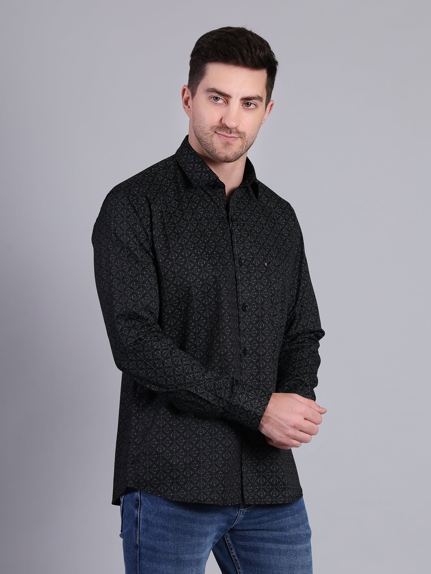 Stylox Men’s Regular Fit Full Sleeve Cotton Floral Print Casual Shirt-Black - Stylox