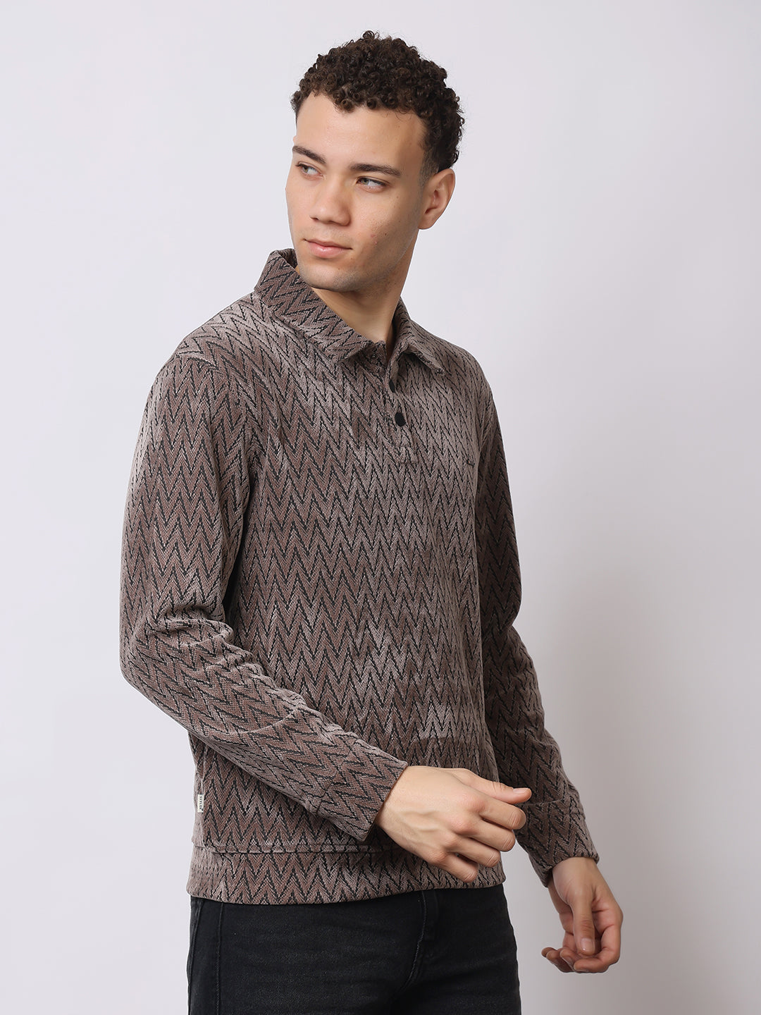 Stylox Men’s Textured Winter Sweatshirt – Chevron Pattern Pullover with Collar & Button Placket