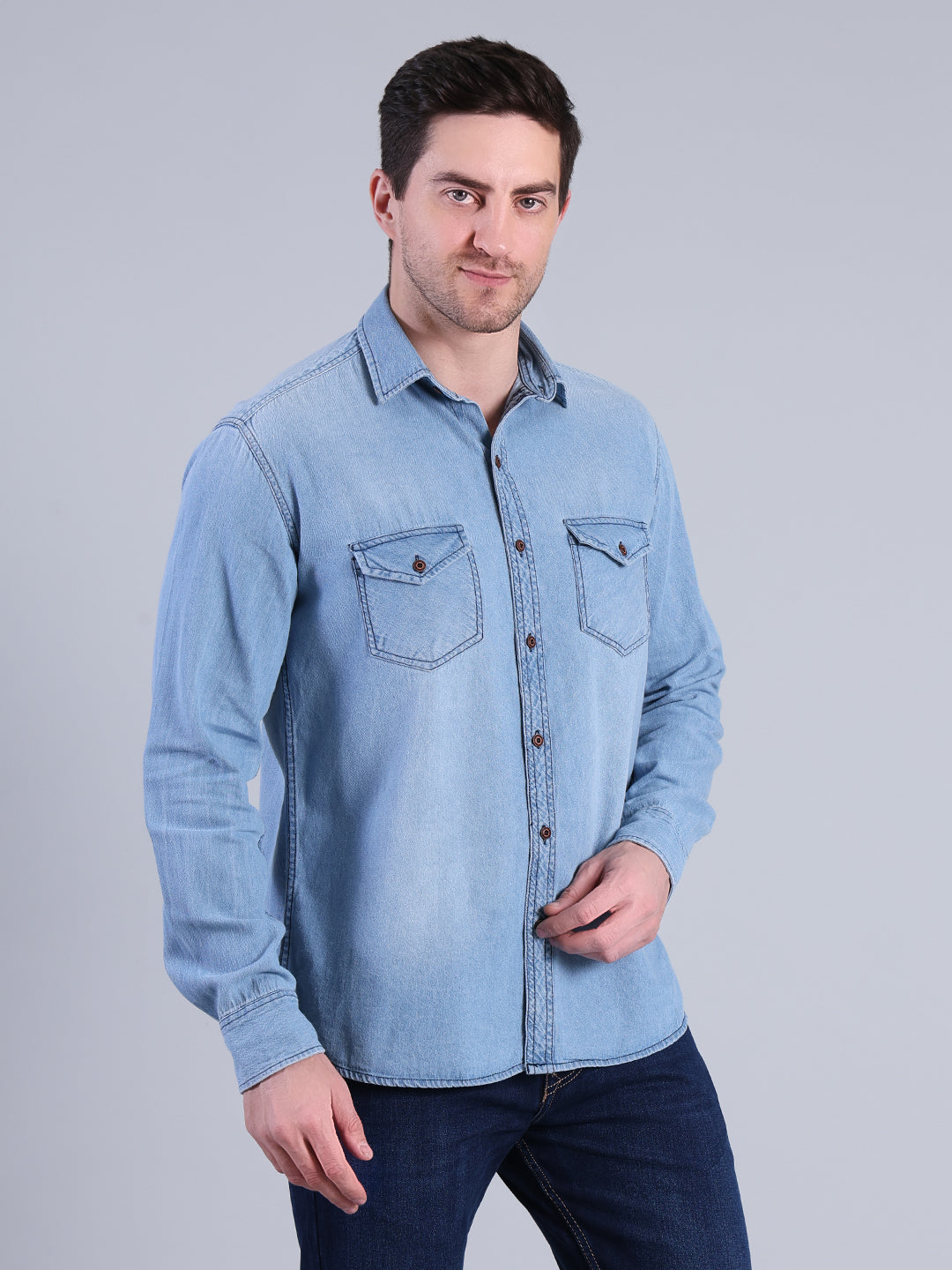 Stylox Men’s Light Wash Denim Shirt with Dual Chest Pockets - Stylox