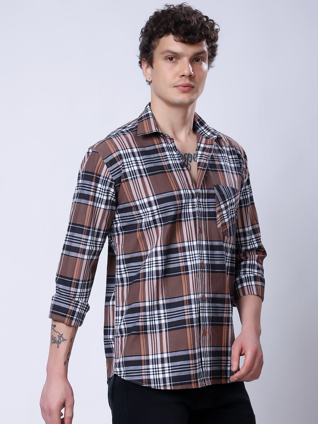 Stylox Men’s Regular Fit Full Sleeve Casual Check Shirt–Brown &amp; Black - Stylox