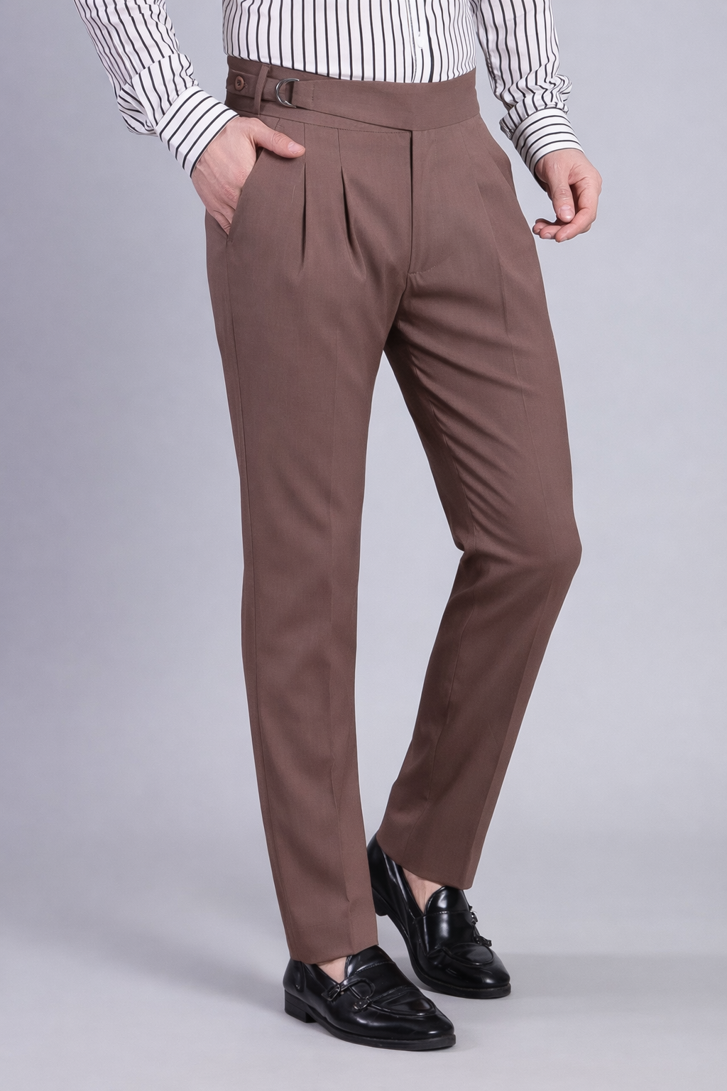 Stylox Men’s Gorkha High Waist Pleated Formal Trousers with Side Adjusters-Brown - Stylox