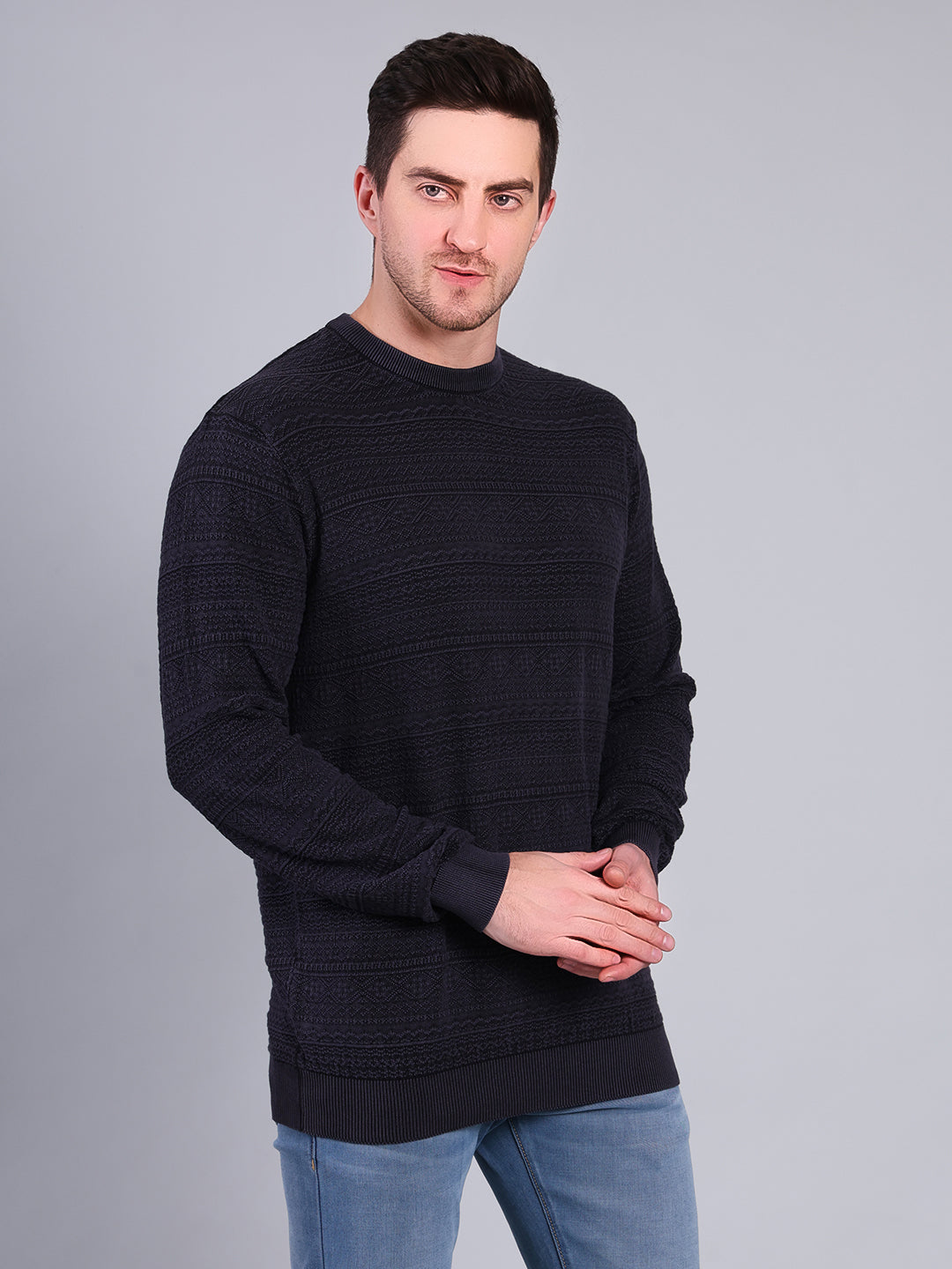 Stylox Men’s Winter Textured Sweater | Full Sleeve Round Neck Knit Pullover | Warm Casual Wear-Navy