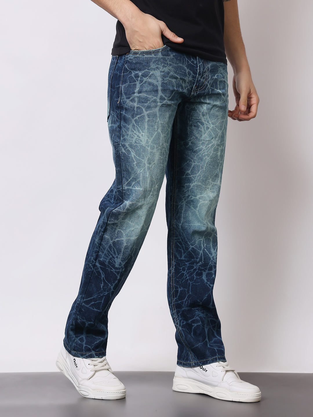 Stylox Men’s Relaxed Fit Cracked Wash Denim Jeans | Trendy Heavy Washed Straight Fit Jeans for Streetwear Style - Stylox