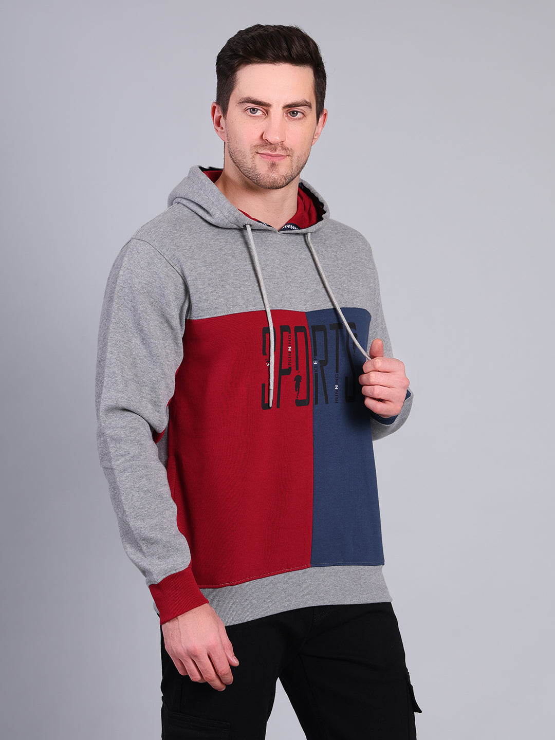 Stylox Men’s Winter Colorblock Printed Hoodie | Pullover Hooded Sweatshirt with Side Pocket (Grey) - Stylox