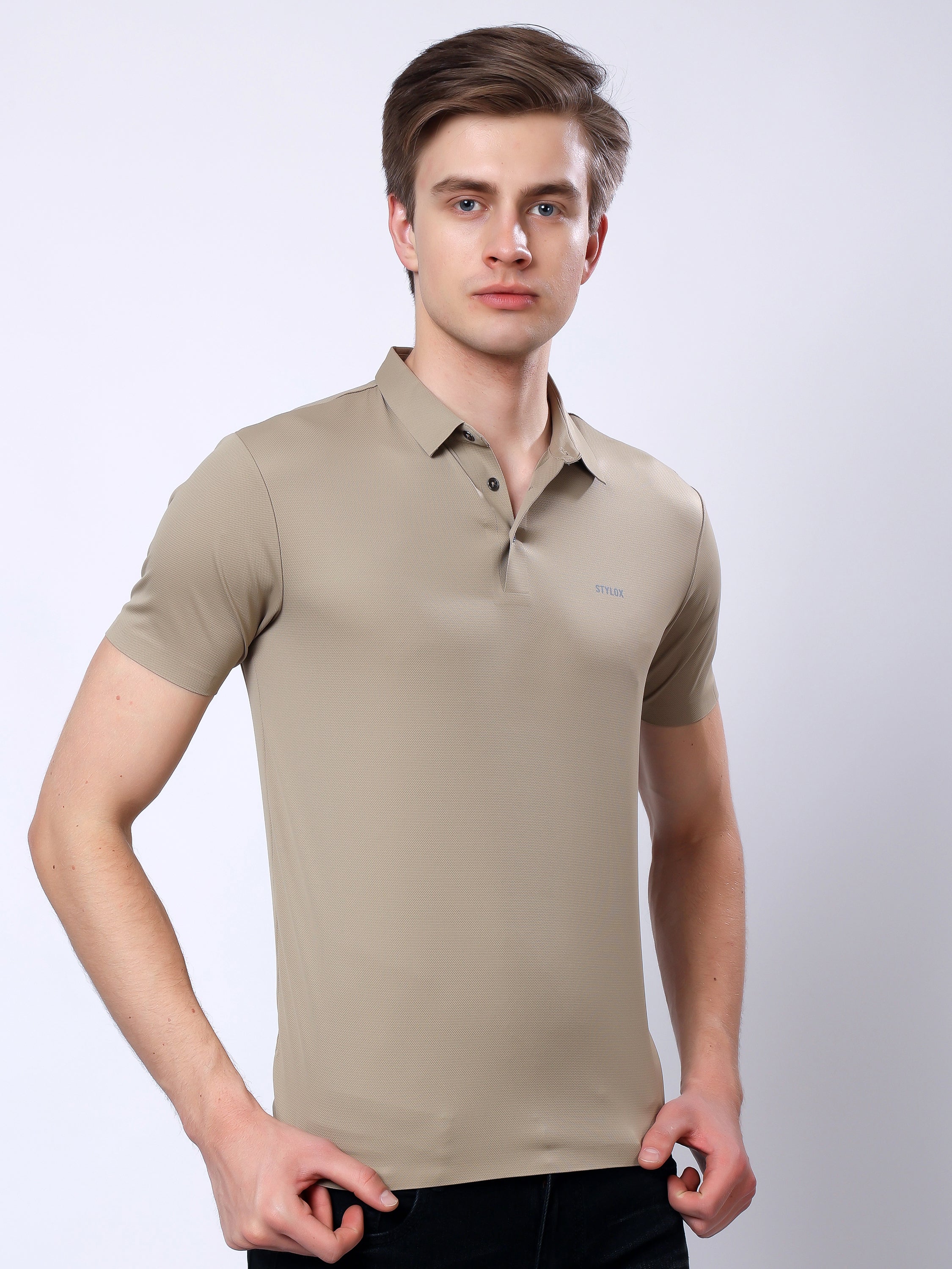 Stylox Men’s Premium Regular Fit Stretchable Polo T-Shirt–Beige - Stylox