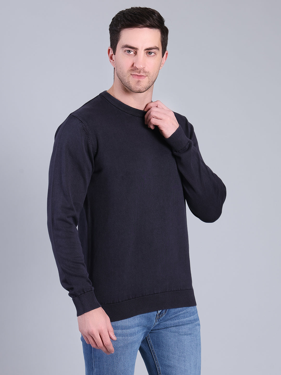 Stylox Men’s Full Sleeve Round Neck Sweater | Solid Slim Fit Knitted Winter Pullover (Navy) - Stylox