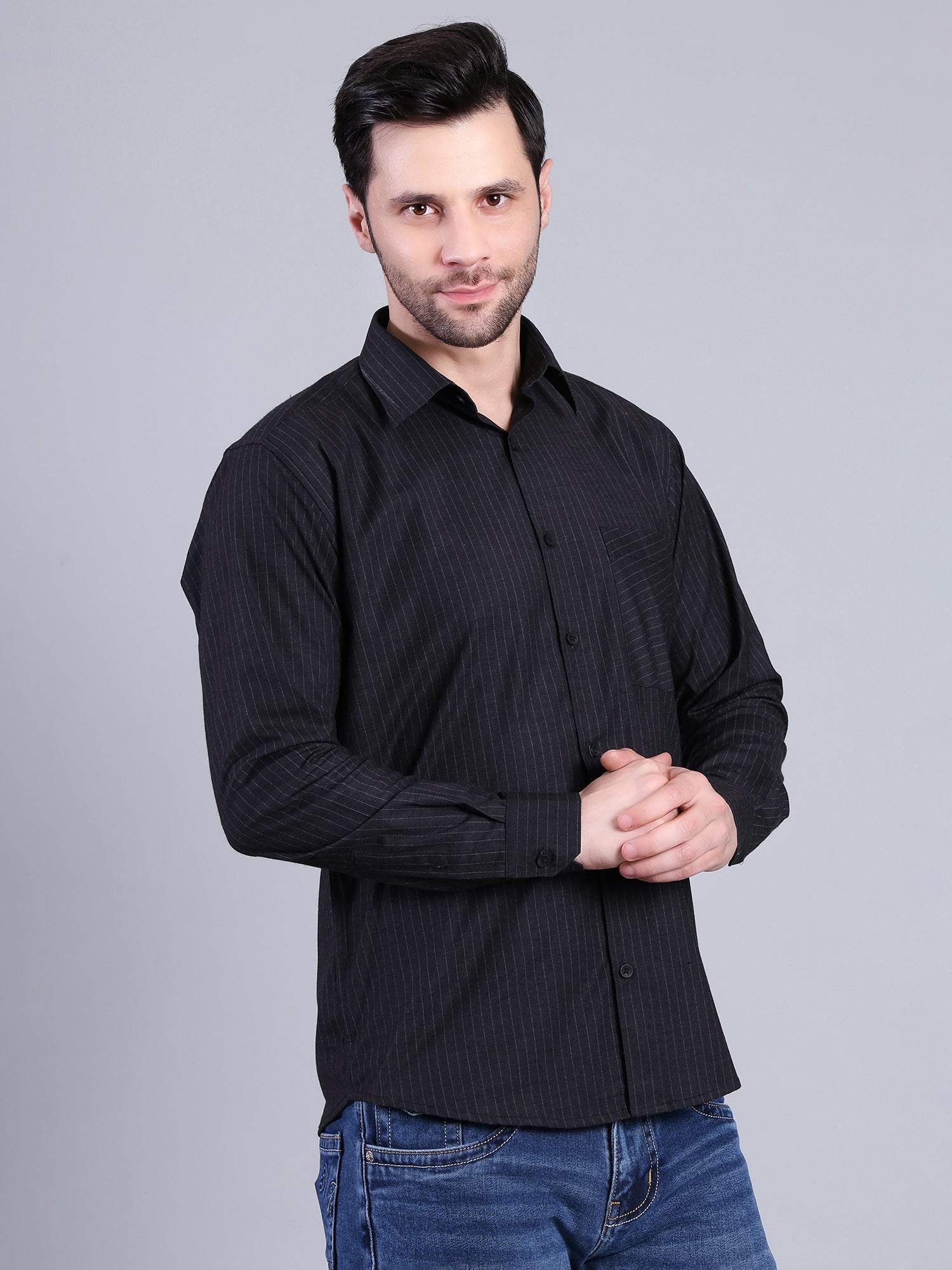 Stylox Men’s Regular Fit Vertical Striped Full Sleeve Casual Shirt-Black - Stylox
