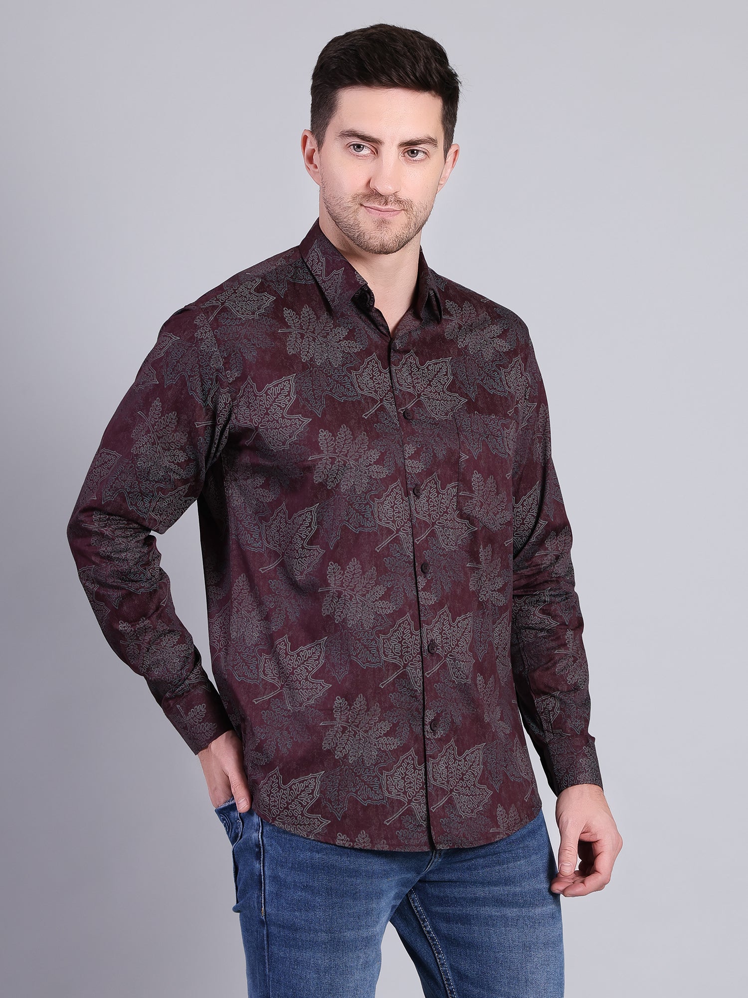 Stylox Men’s Regular Fit Leaf Printed Full Sleeve Casual Shirt-Maroon - Stylox