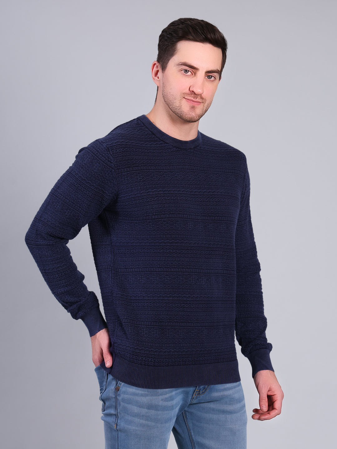 Stylox Men’s Winter Textured Sweater | Full Sleeve Round Neck Knit Pullover | Warm Casual Wear - Stylox