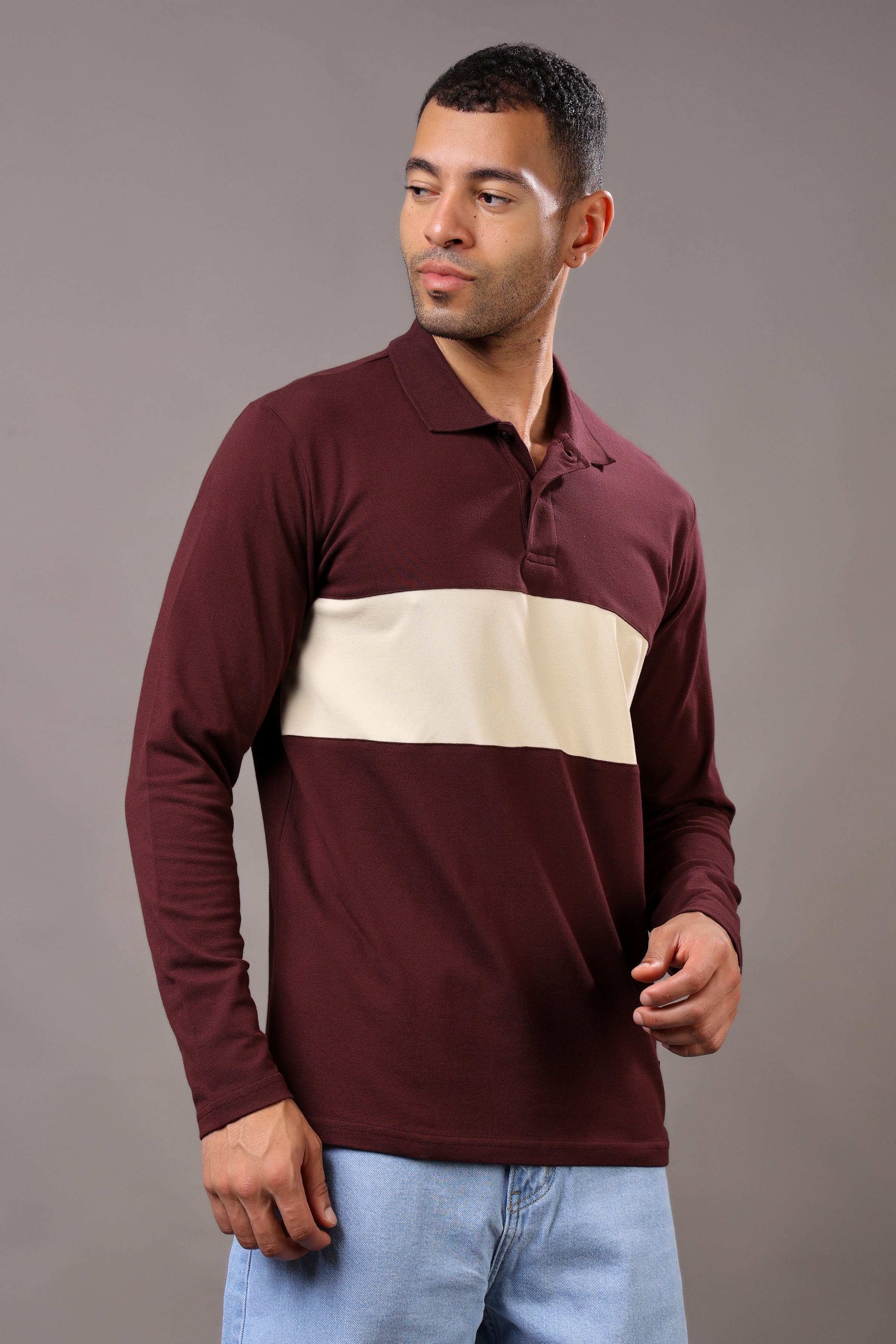 Stylox Men’s Long Sleeve Polo T-Shirt with Cut & Sew Design - Stylox
