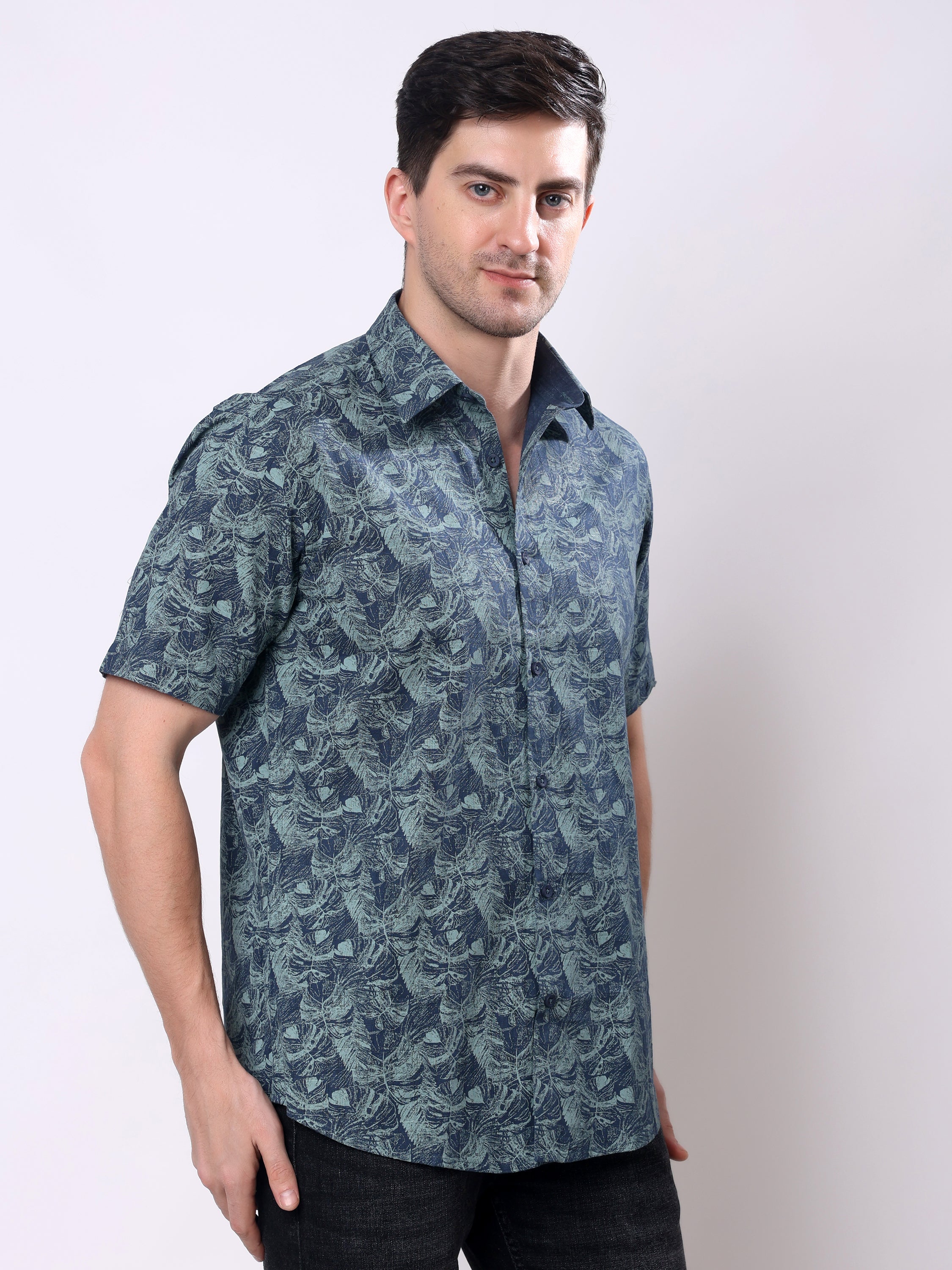 Stylox Men’s Regular Fit Half Sleeve Tropical Leaf Printed Casual Summer Shirt - Stylox