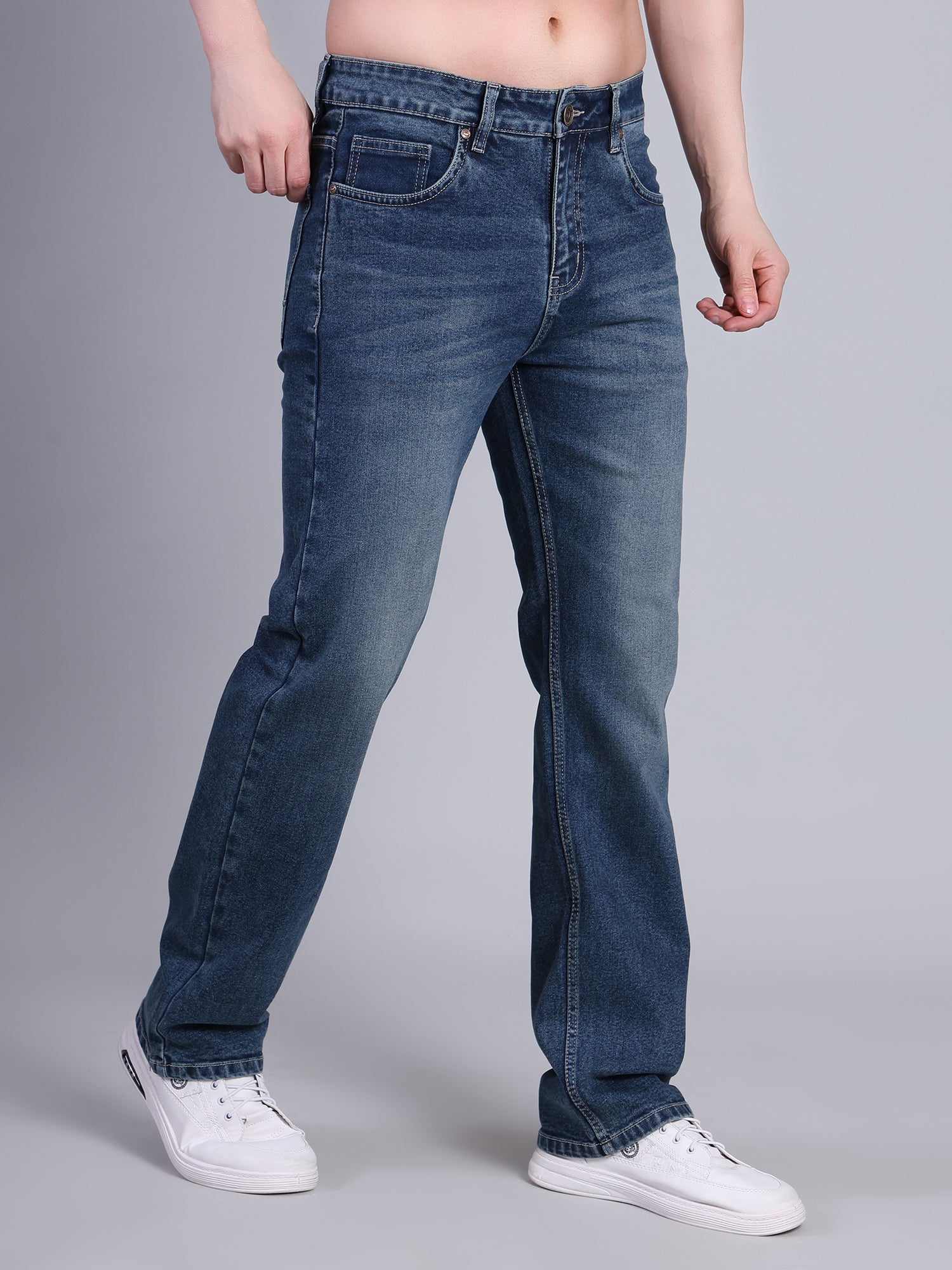 Stylox Men’s Mid-Rise Straight Fit Classic Washed Stretched Denim Jeans-Greenish Blue - Stylox