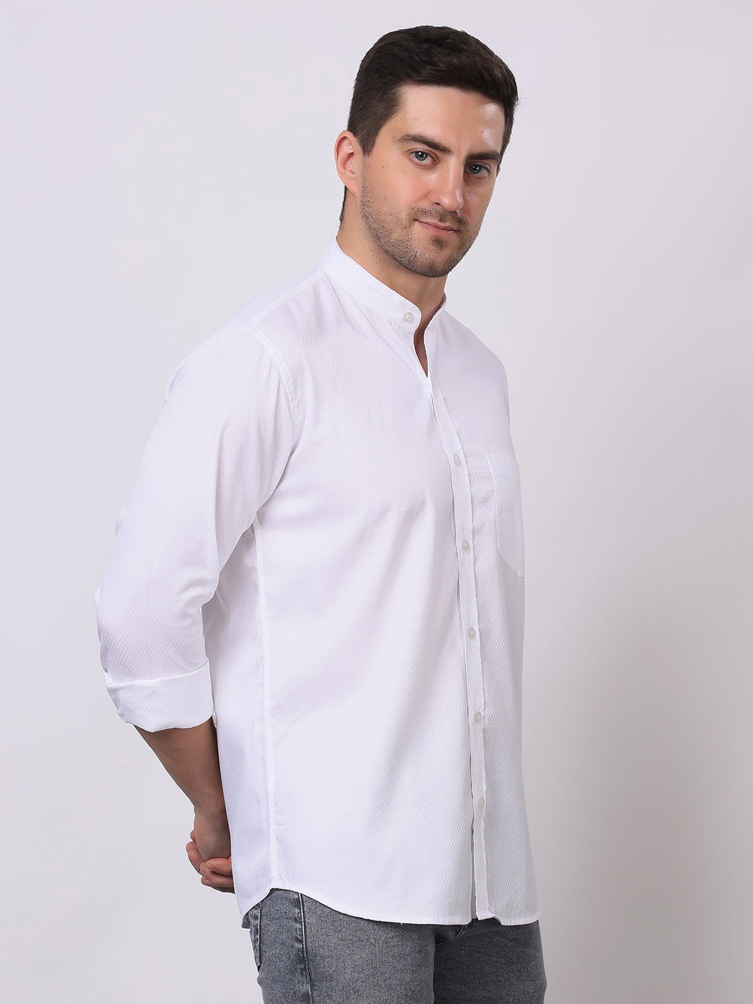 Stylox Men's Full Sleeve Solid White Casual Shirt with Mandarin Collar – Premium Cotton Blend Regular Fit Shirt for Smart & Minimal Everyday Style - Stylox