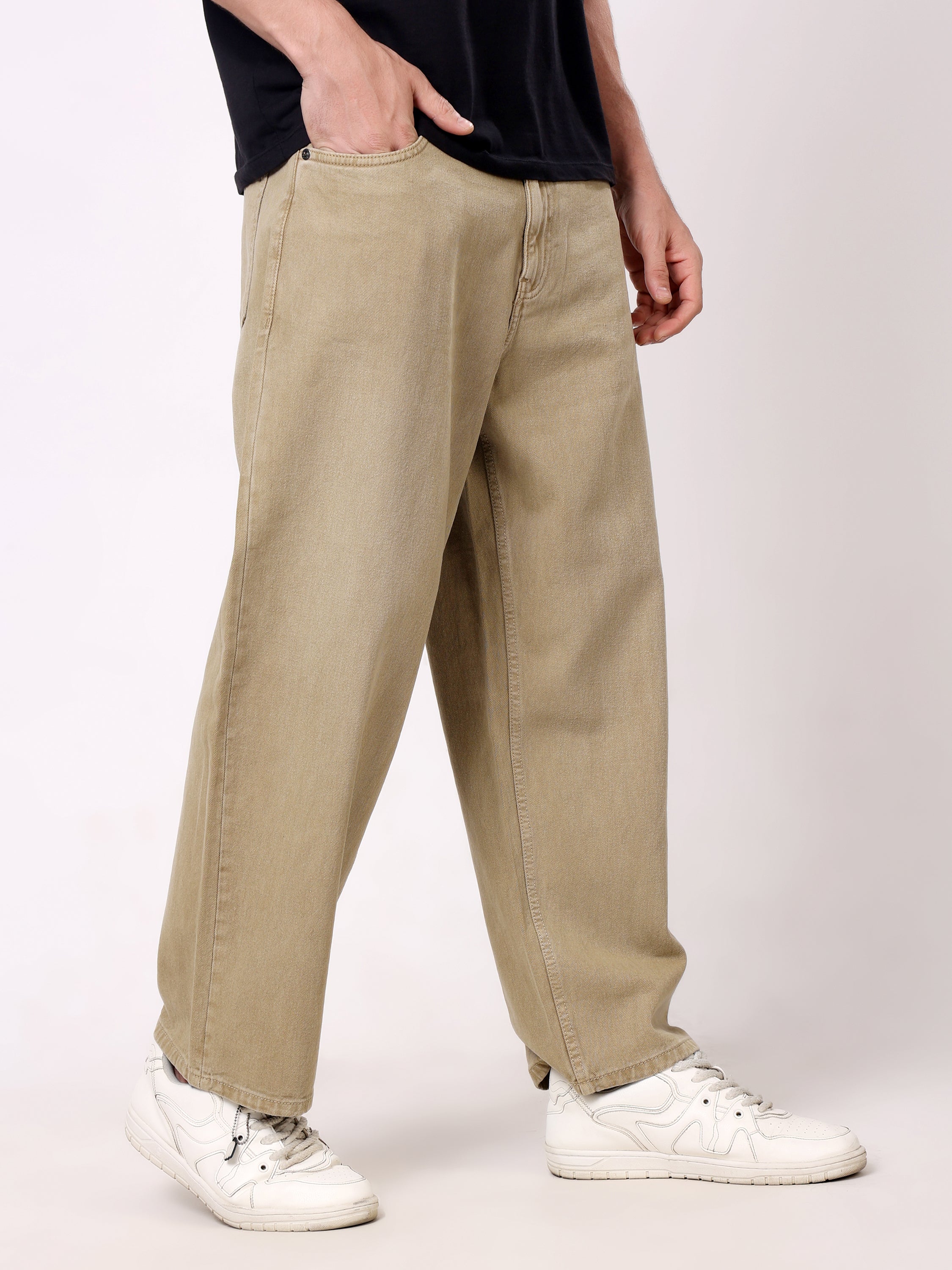 Stylox Men's Khaki Super Baggy Fit Non-Stretchable Denim Jeans