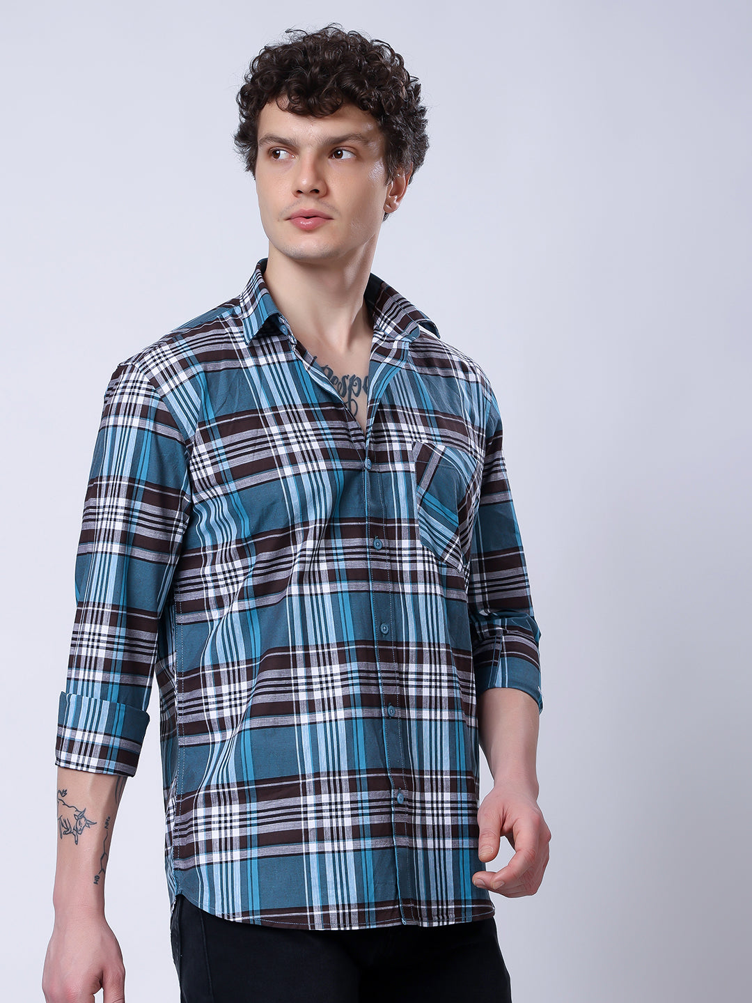 Stylox Men’s Regular Fit Full Sleeve Casual Check Shirt–Teal & Brown - Stylox