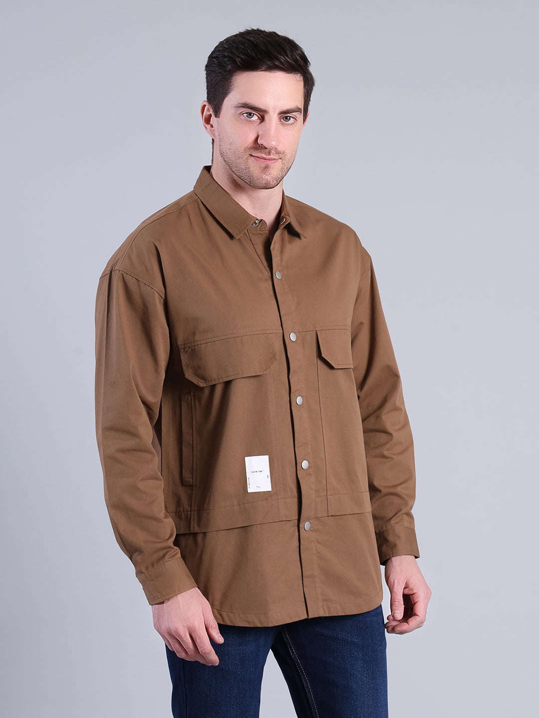 Stylox Men’s Solid Winter Shacket with Snap Buttons & Utility Pockets (Brown) - Stylox