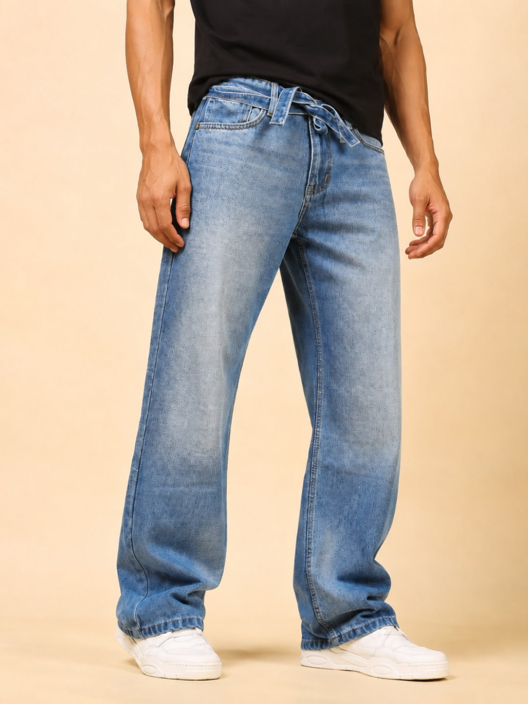 Stylox Men’s Baggy Fit Stretchable Wide Leg Denim Jeans with Tie-Waist Detail