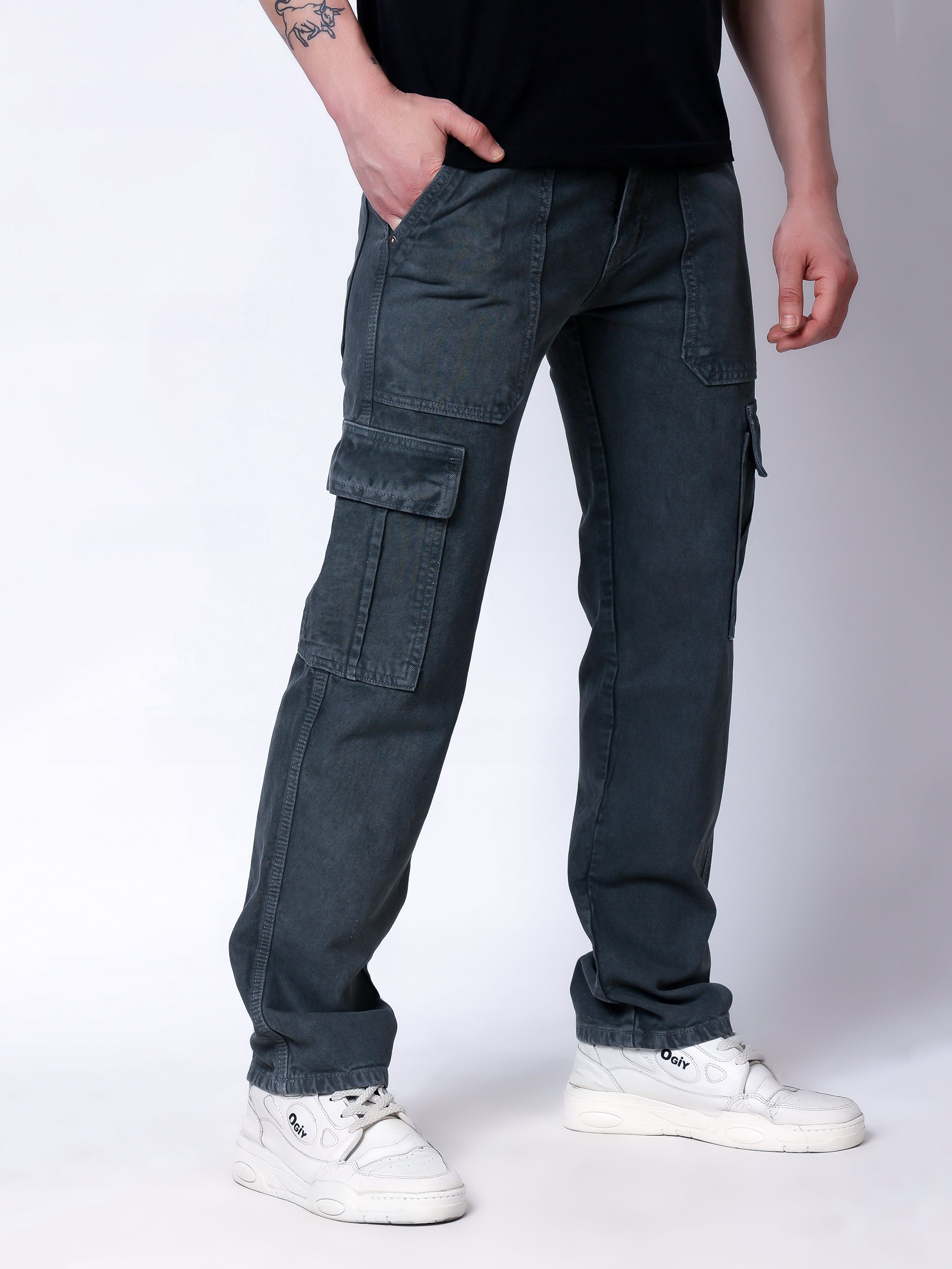 Stylox Men’s Comfort Fit Non-Stretch Cargo Jeans with Multi Pockets-Mid Green