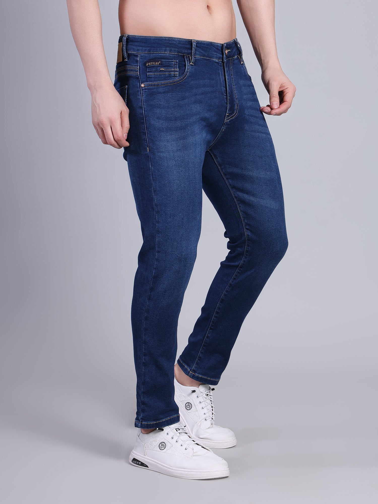 Stylox Men’s Ankle Fit Mid Rise Stretchable Denim Jeans-Dark Blue - Stylox