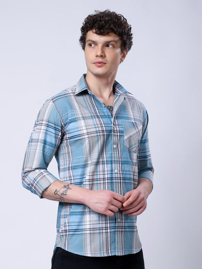 Stylox Men’s Regular Fit Full Sleeve Casual Check Shirt–Grey &amp; Sky Blue - Stylox