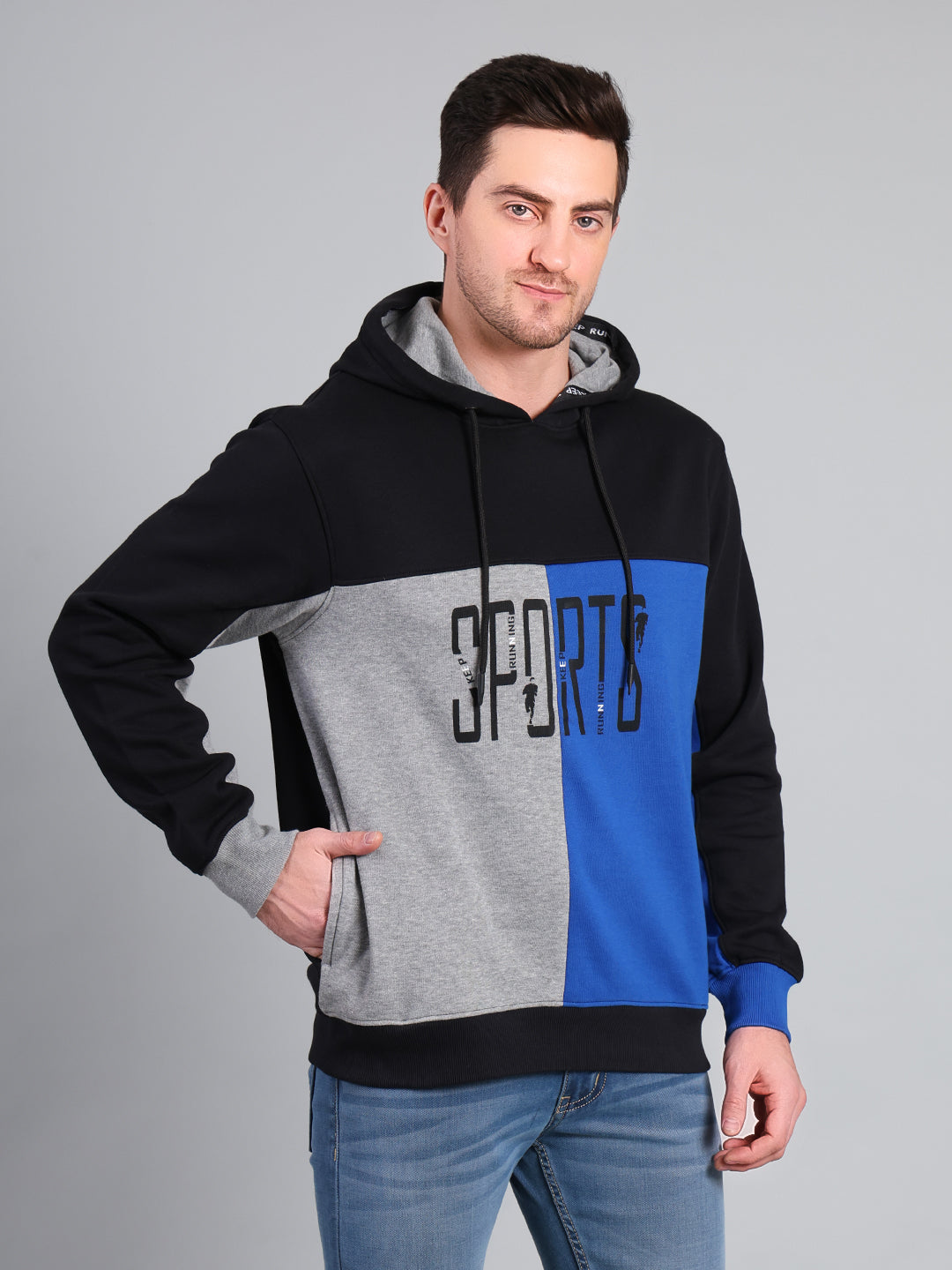 Stylox Men’s Winter Colorblock Printed Hoodie | Pullover Hooded Sweatshirt with Side Pocket (Black) - Stylox